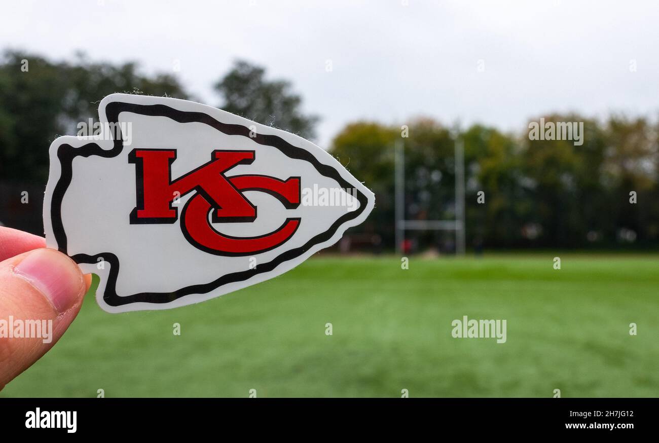 September 16, 2021, Kansas City, Missouri. Emblem of a professional American football team Kansas City Chiefs based in Kansas City at the sports stadi Stock Photo