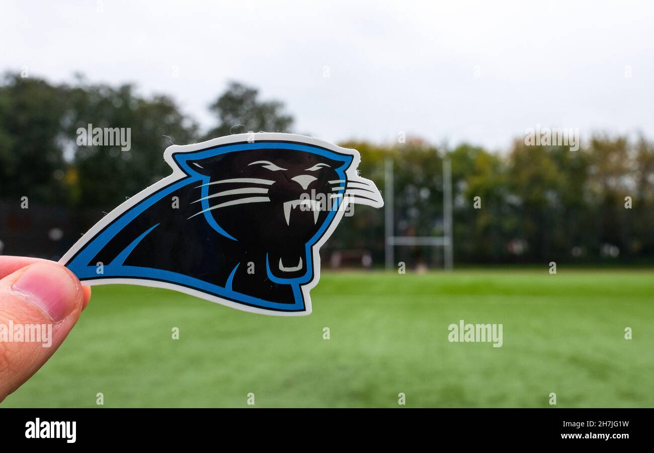 September 16, 2021, Charlotte, North Carolina. Emblem of a professional American football team Carolina Panthers based in Charlotte at the sports stad Stock Photo