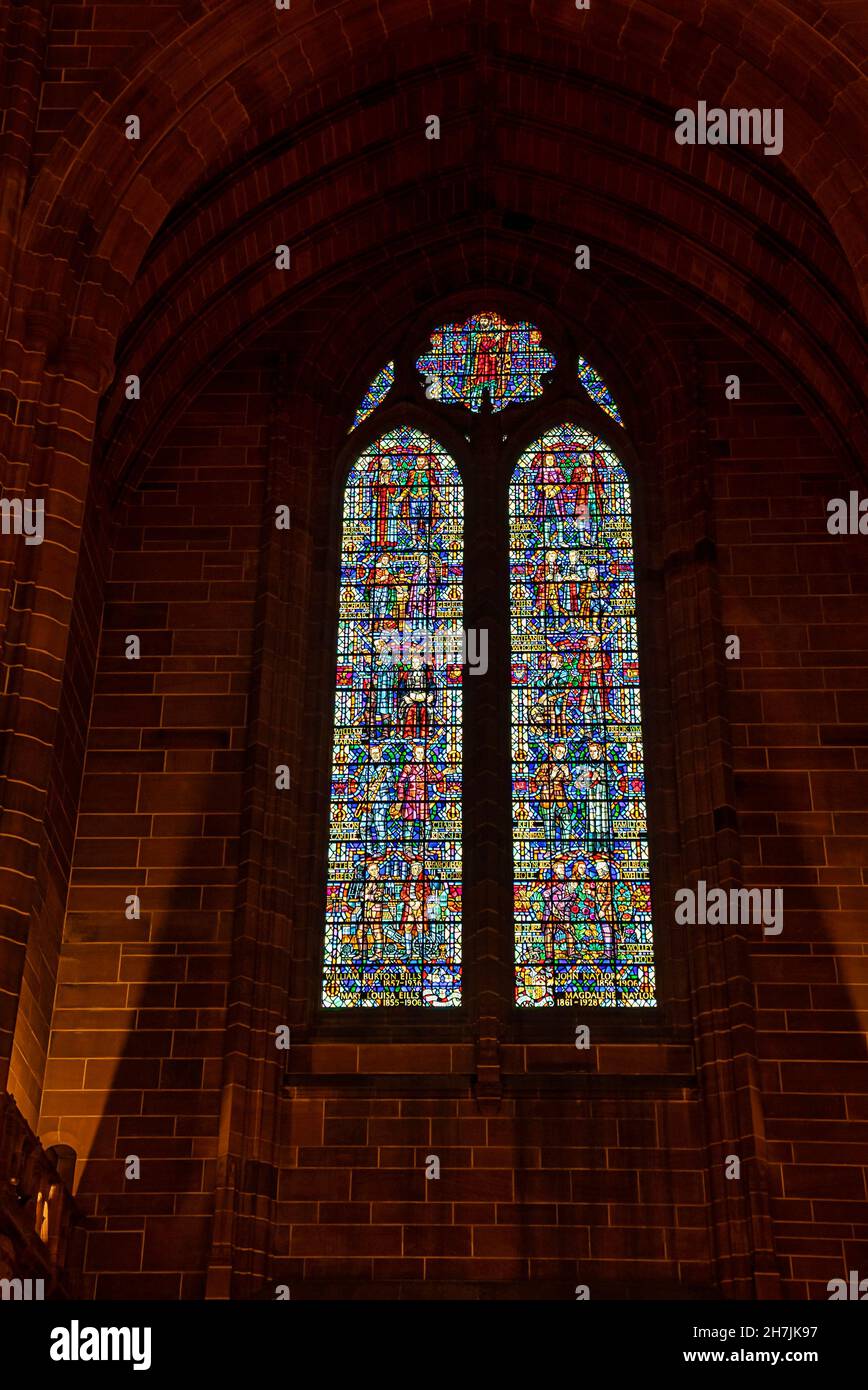 Interior of Cathedral Church of Christ showing a stained glass window ...