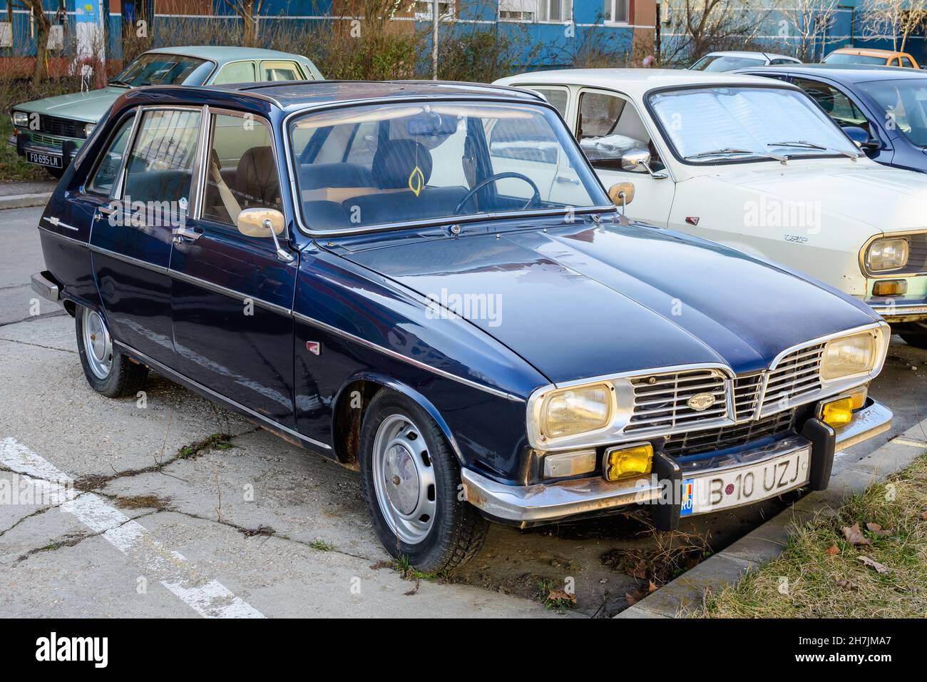 Bucharest, Romania, 3 March 2021 Old retro dark blue French Renault 16 TL classic car parked in a street in a sunny spring day Stock Photo
