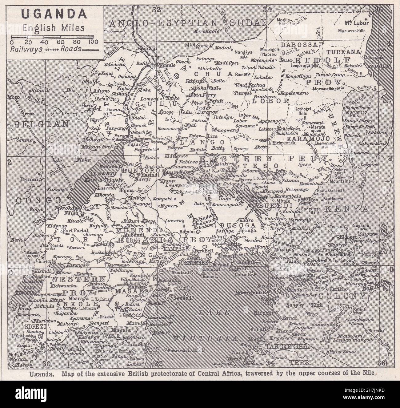 Vintage map of Uganda - showing extensive British protectorate of Central Africa, traversed by the upper courses of the Nile 1930s. Stock Photo