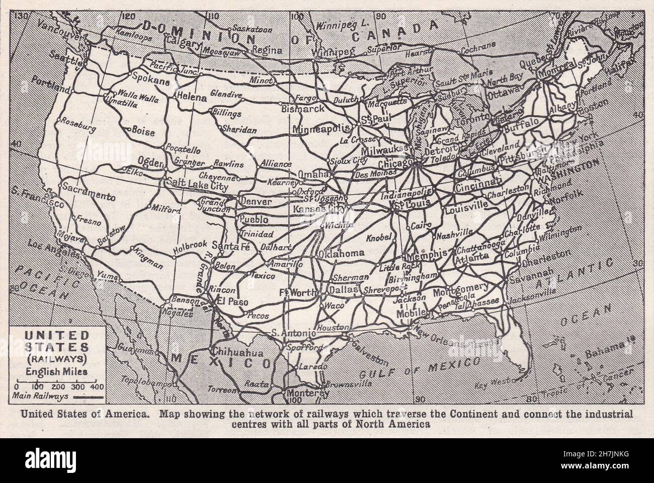 Vintage map of United States of - Vintage Map Of United States Of America Showing The Network Of Railways Which Traverse The Continent And Connect The Industrial Centres 1930s 2H7JNKG