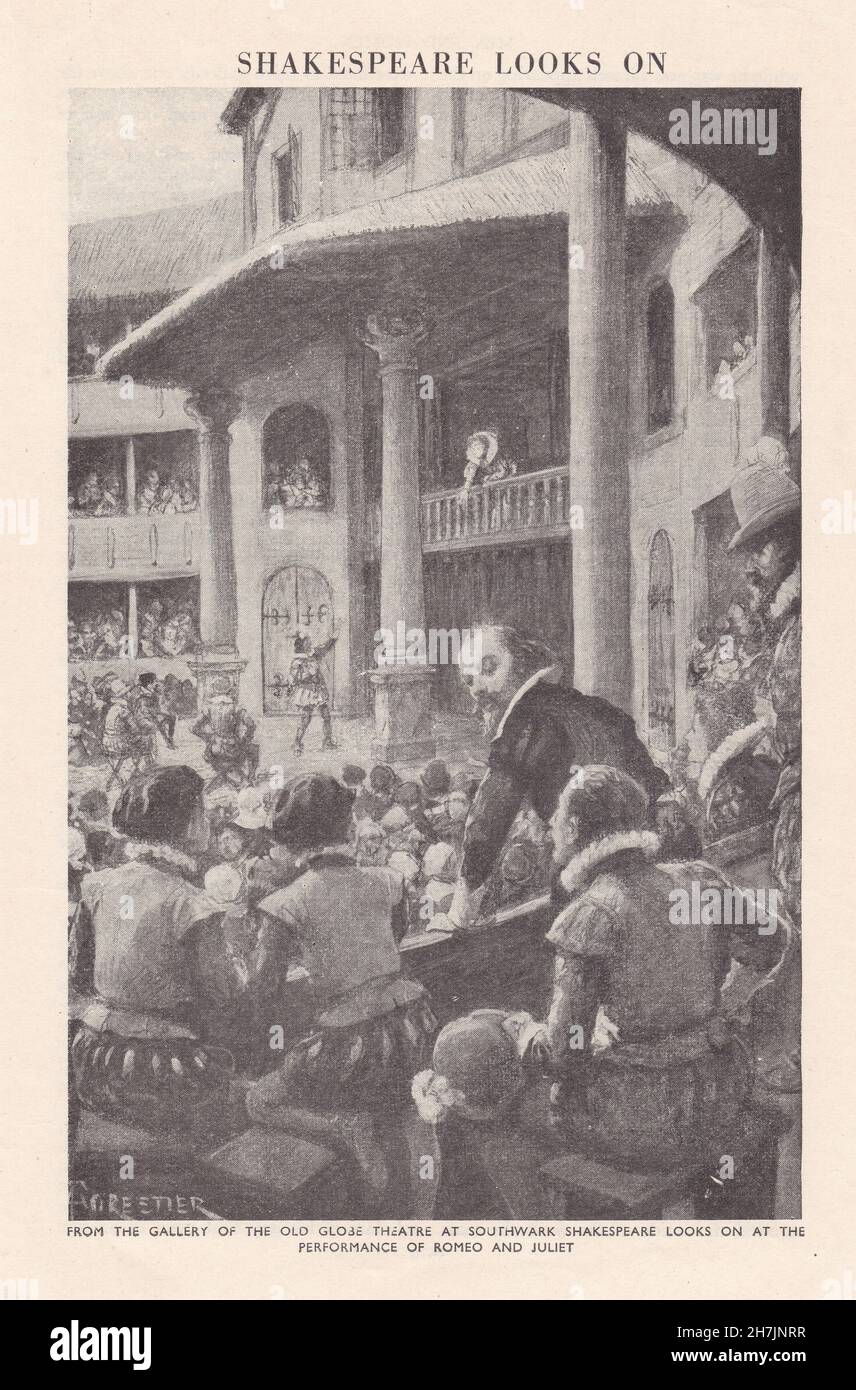 Shakespeare at the Old Globe Theatre at Southwark looks on at the performance of Romeo and Juliet. Stock Photo