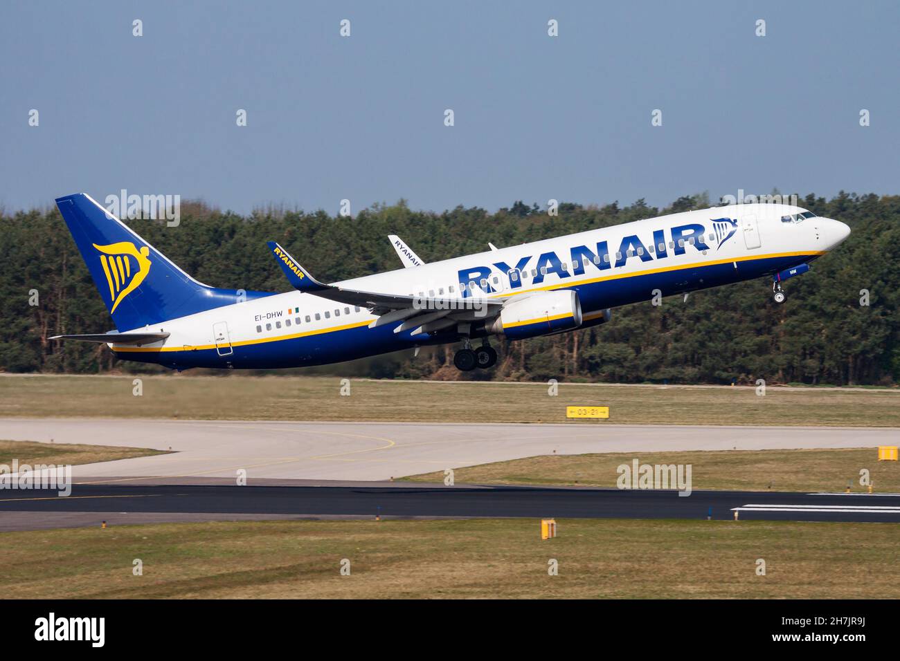 Eindhoven, Netherlands - April 16, 2015: Ryanair passenger plane at airport. Schedule flight travel. Aviation and aircraft. Air transport. Global inte Stock Photo