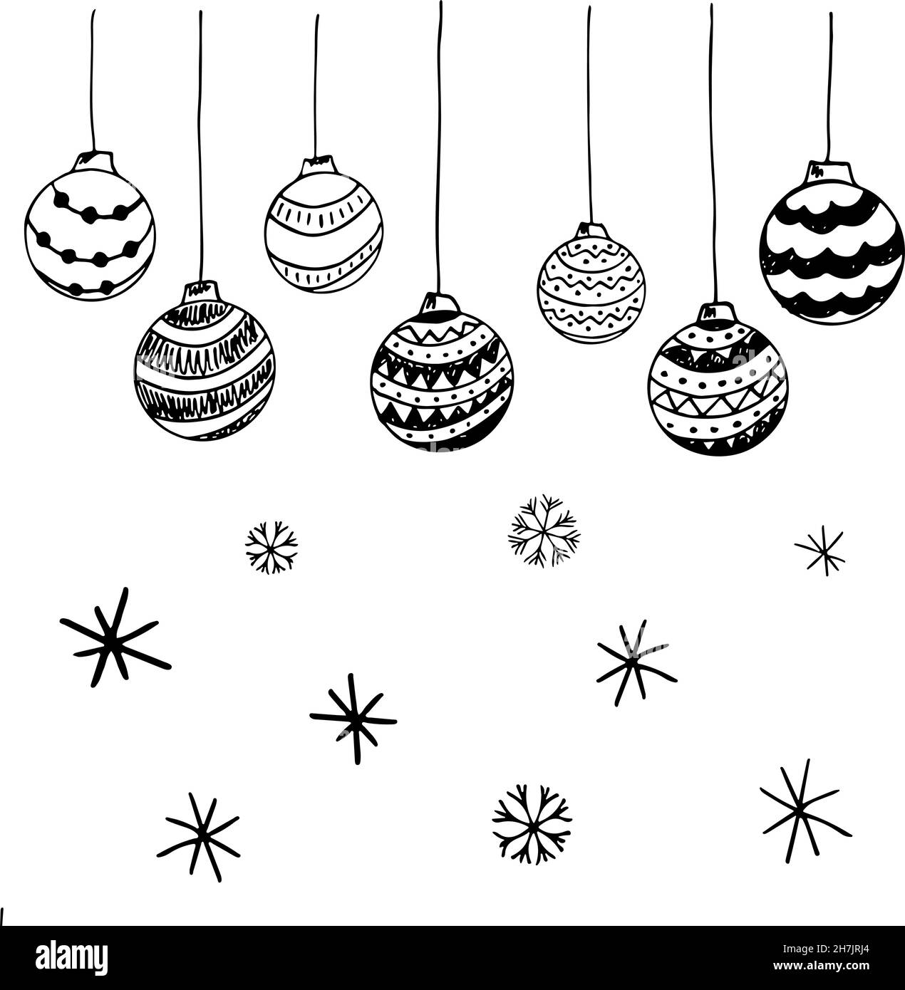 Set of vector doodle Black and white Christmas hand drawn balls Stock ...