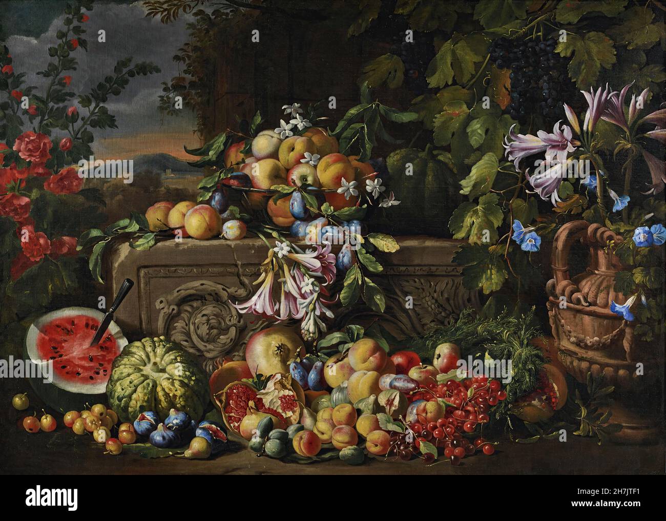 Abraham Brueghel -  A still life of a watermelon, cherries, peaches, apricots, plums... Stock Photo