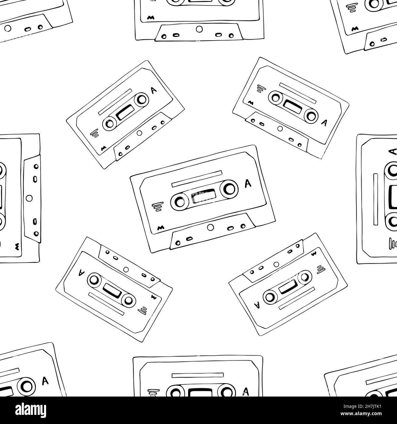 Hand drawn cassette and mixtape seamless pattern, black and white cartoon doodle background for music technology or audio equipment concept. Stock Vector