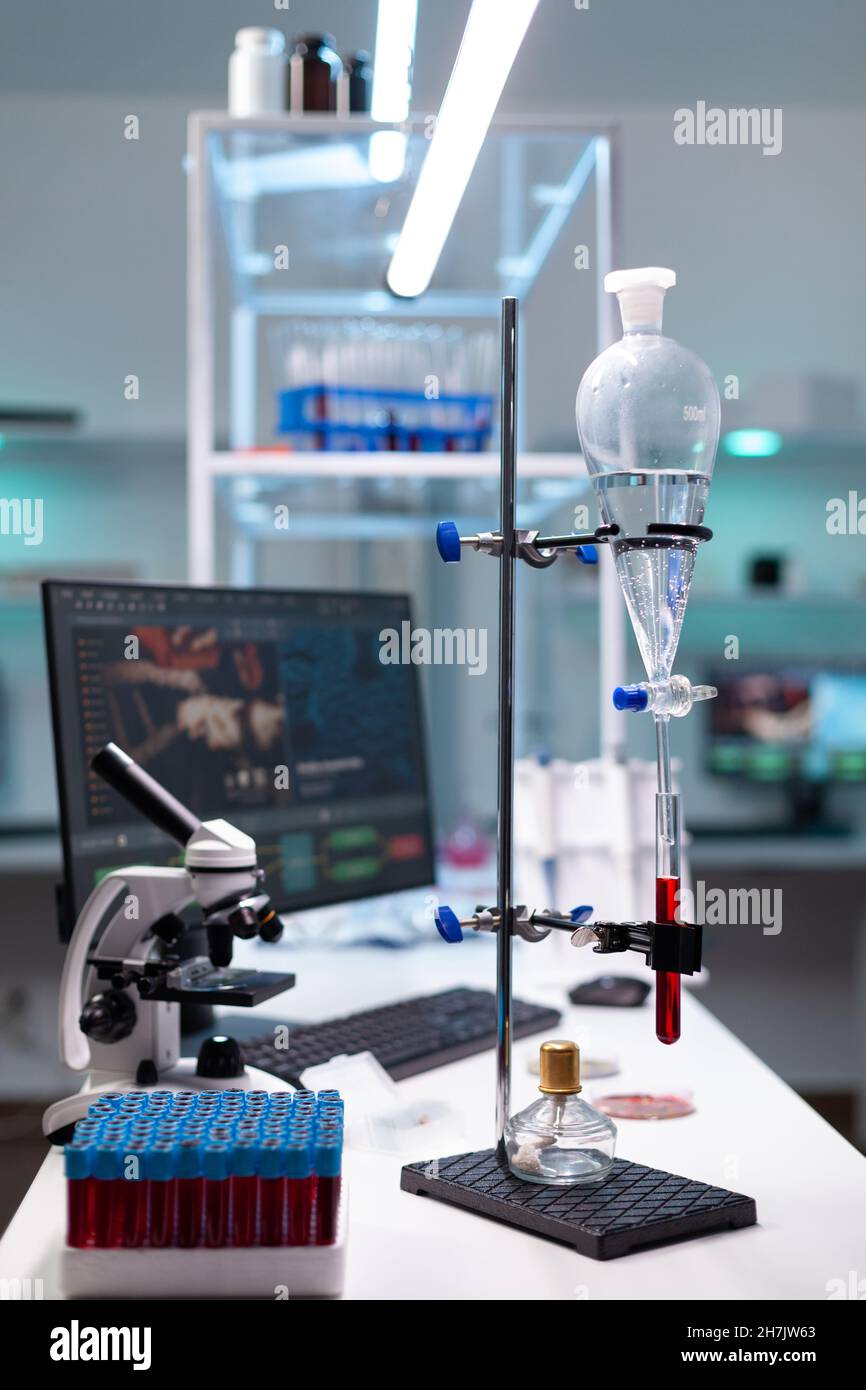Science laboratory equipment and test tube with blood for healthcare