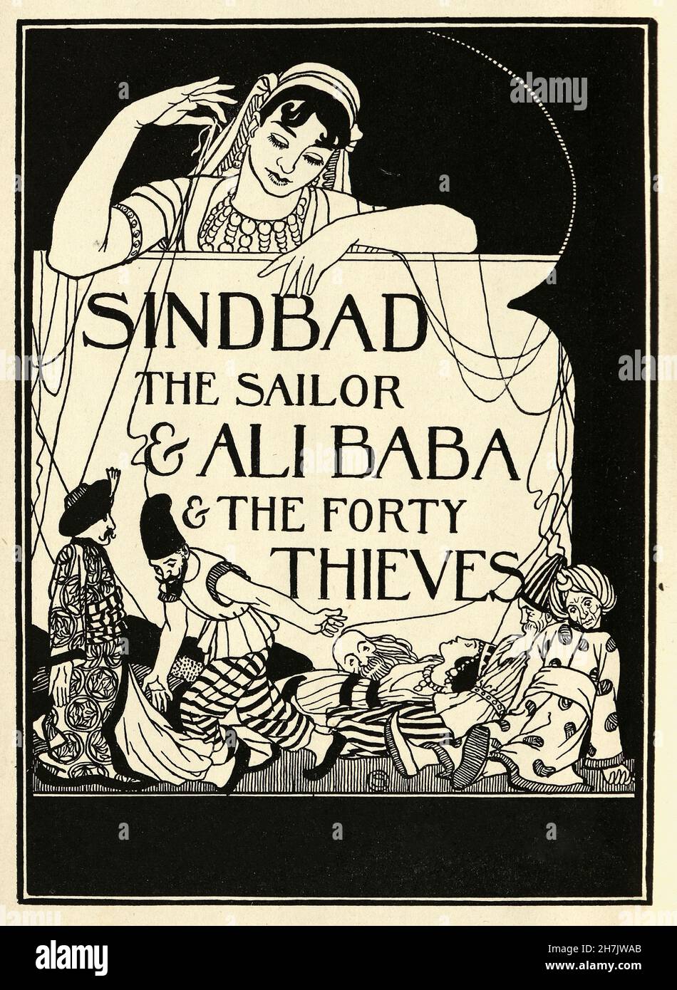 Vintage illustration from Sinbad the Sailor and Ali Baba and the Forty Thieves. Scheherazade as the puppet master. William Strang Stock Photo