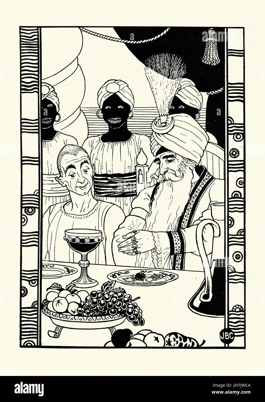 Vintage illustration from Sinbad the Sailor and Ali Baba and the Forty Thieves. Meal with the Sultan, Joseph Benwell Clark Stock Photo