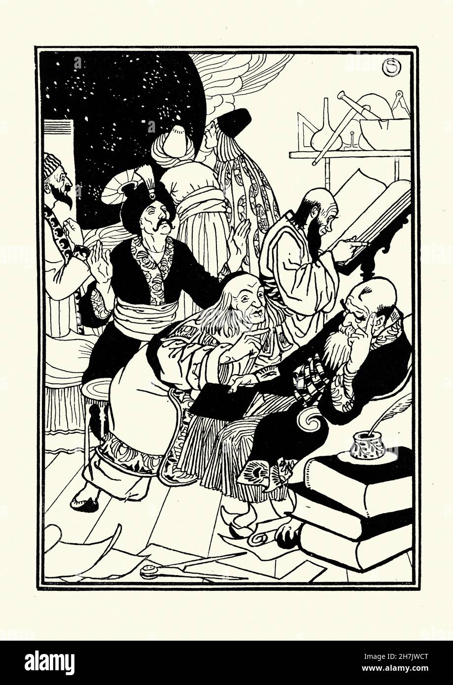 Vintage illustration from Sinbad the Sailor and Ali Baba and the Forty Thieves. wise men and astrologers. William Strang Stock Photo