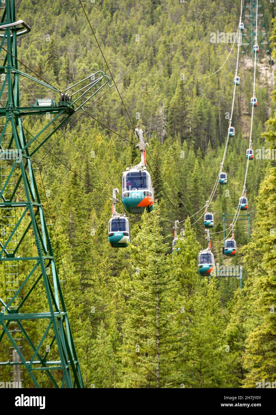 Banff Alberta Canada June 2018 Line Of Cable Car Gondolas banff-alberta-canada-june-2018-line-of-cable-car-gondolas