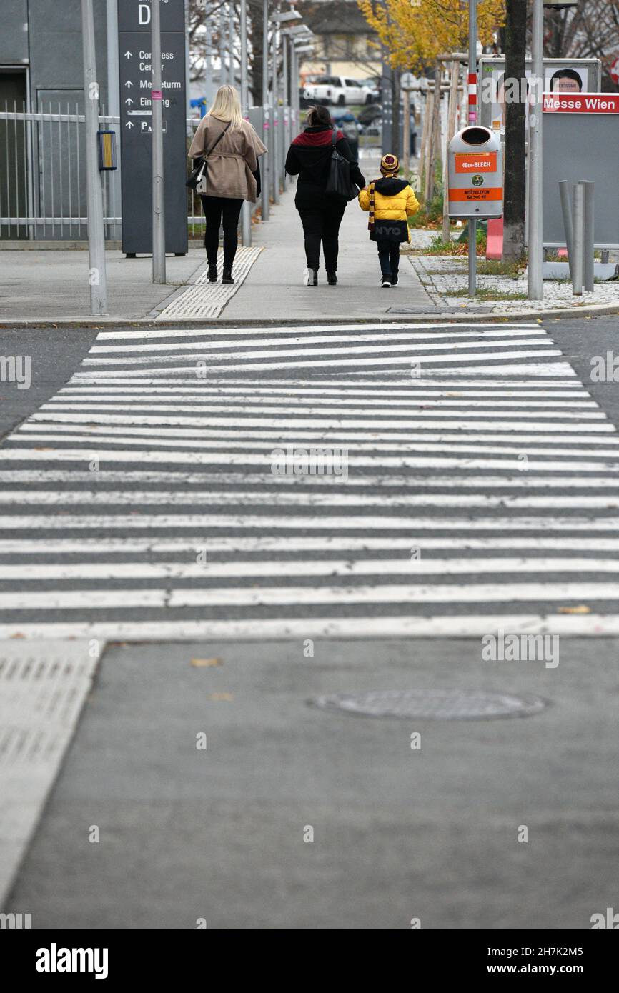 Fußgänger von hinten auf einem Zebrastreifen in Wien, Österreich, Europa - Pedestrians from behind on a zebra crossing in Vienna, Austria, Europe Stock Photo