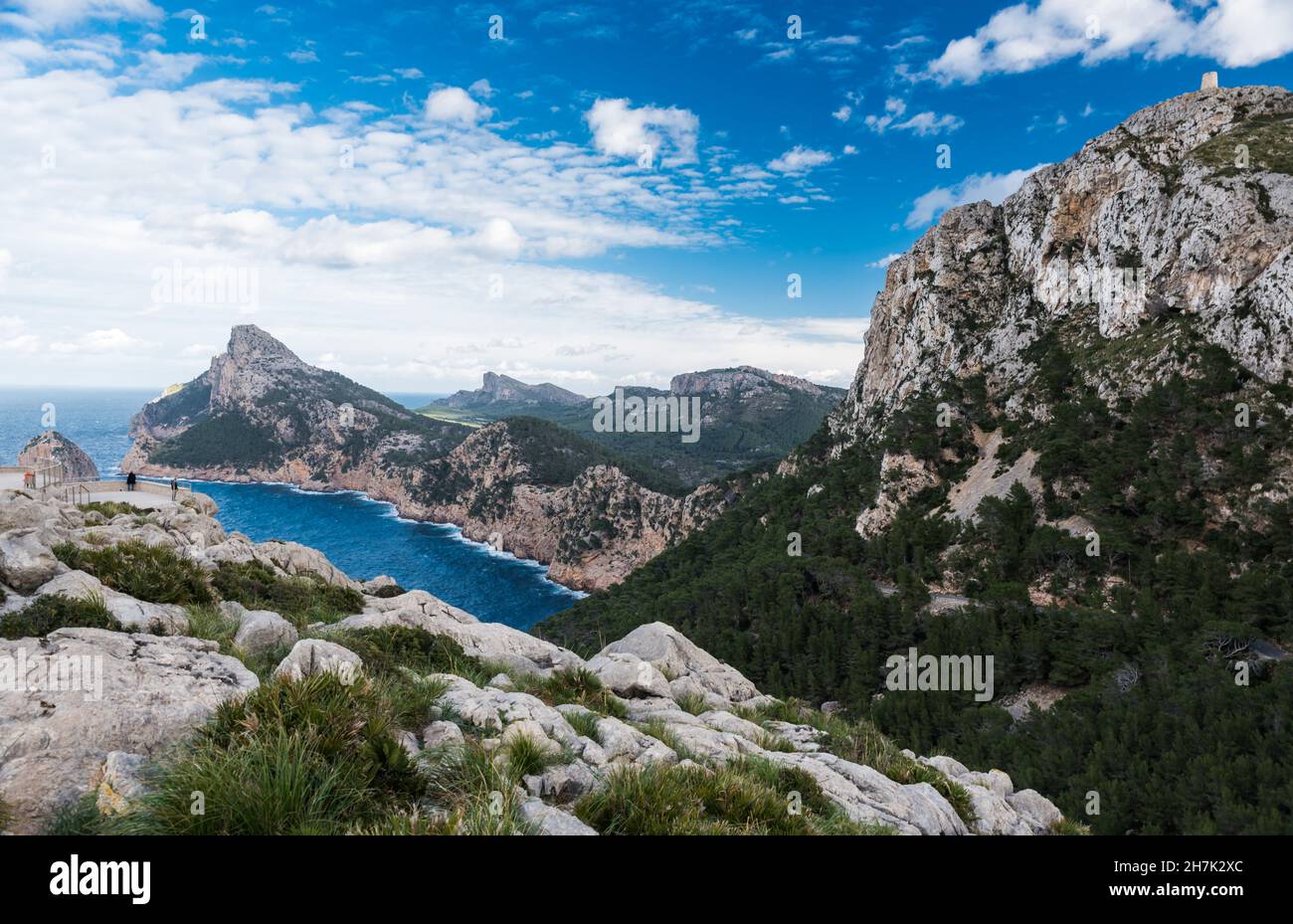 Panoramic view over the sea, cliffs, rocks and mountains of Cap de Fromentor, Mallorca, Spain Stock Photo