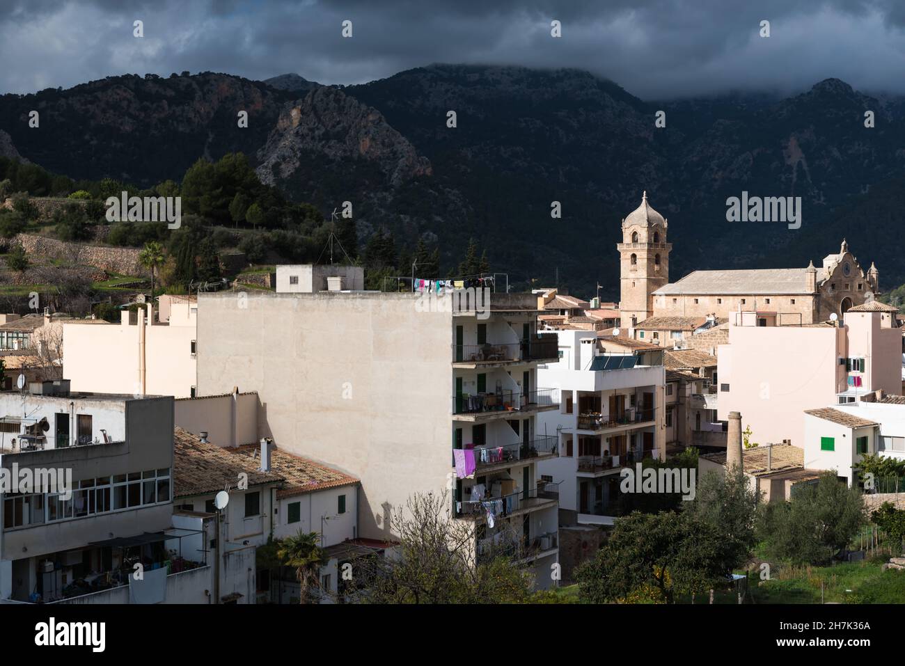 Soller, Spain - 12 25 2017:Panoramic view from above over Soller and the mountains Stock Photo