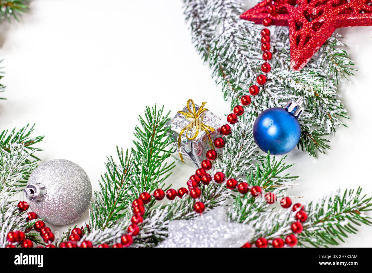 New Year and Christmas decorations with green fir tree branches and ...