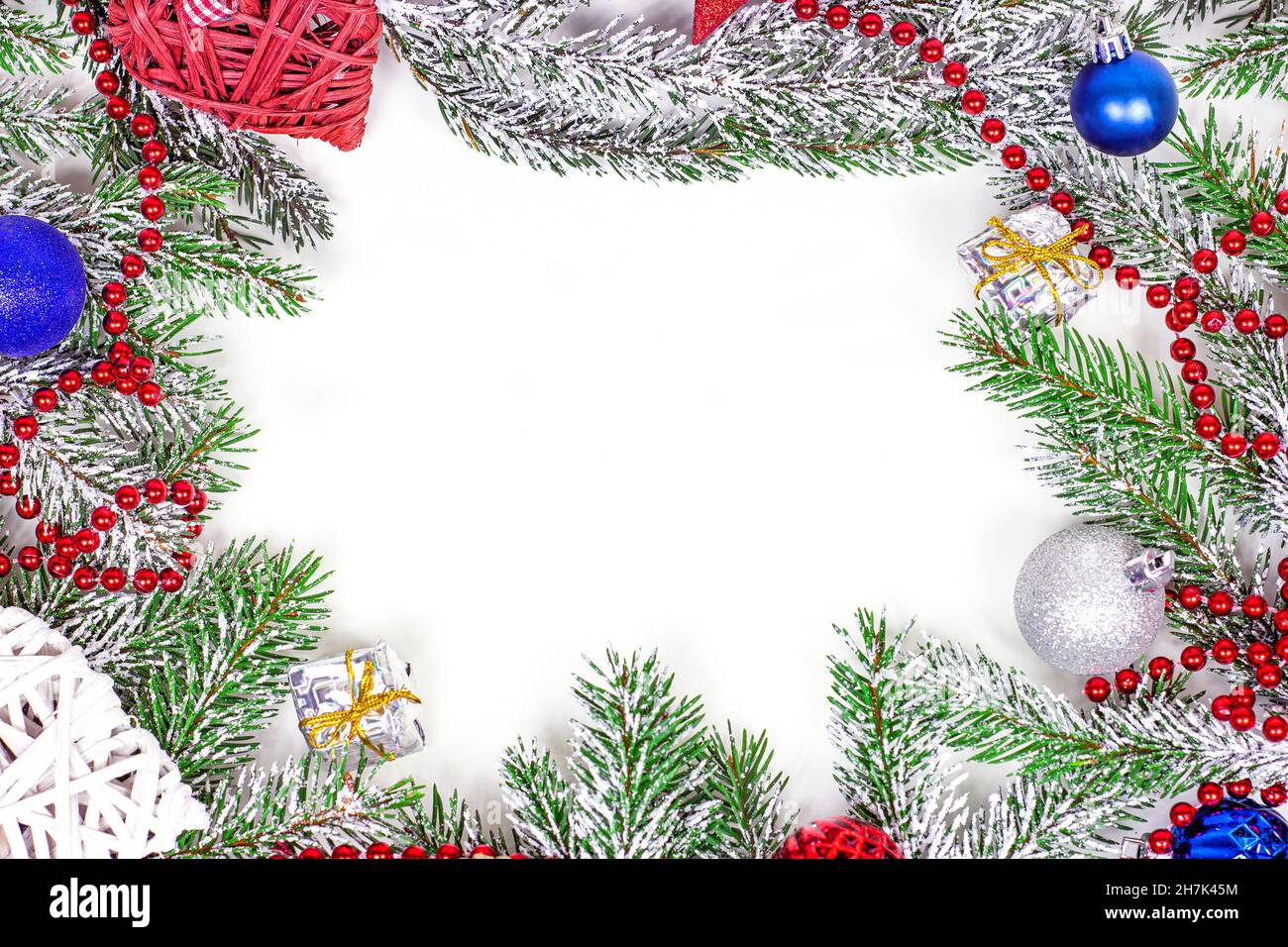 New Year and Christmas frame decoration with green fir tree branches ...