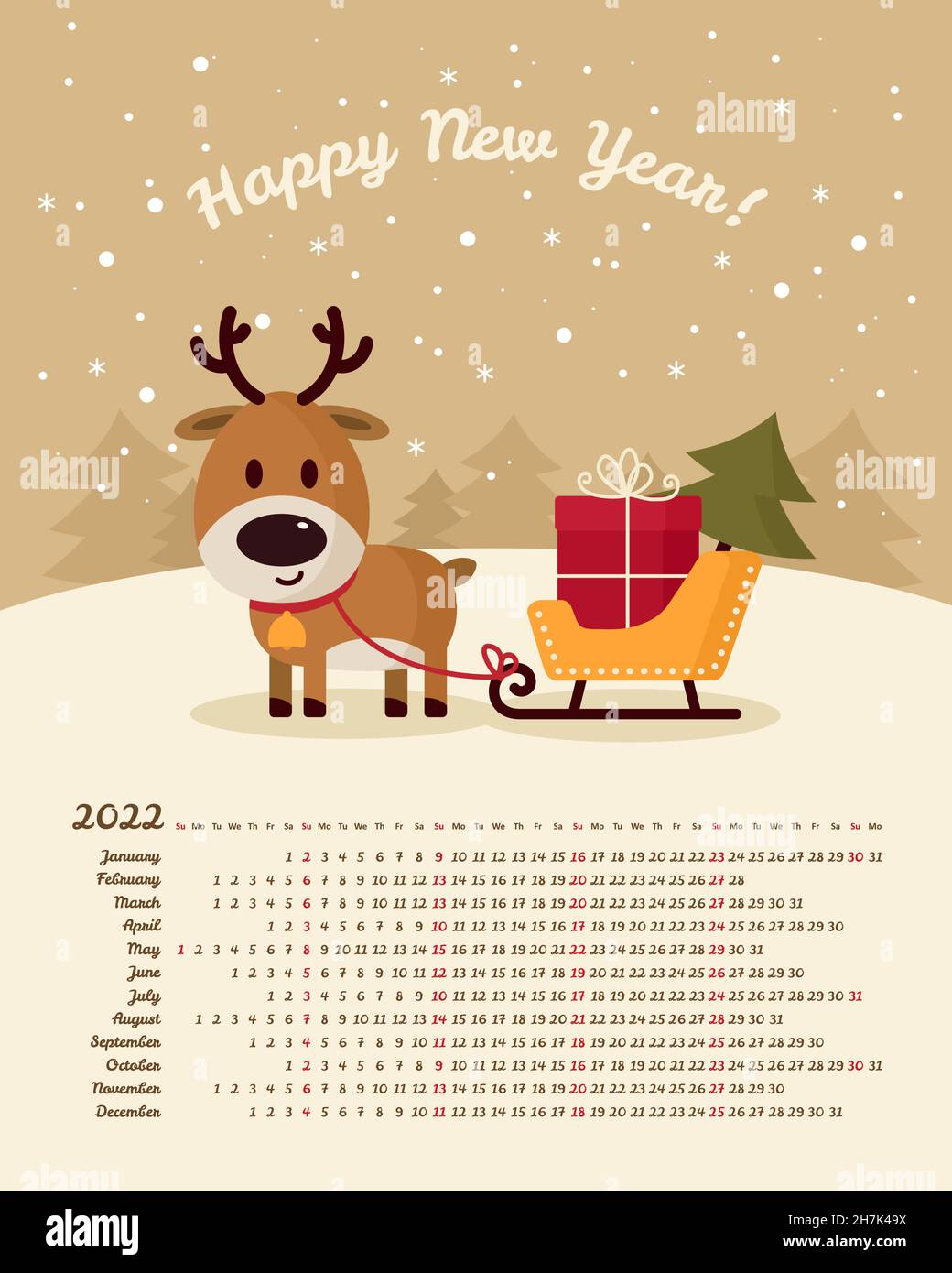 Merry Christmas And Happy New Year 2022 Santa And Reindeer Calendar 2022 Year. Deer Santa With Sleigh, Gift And Christmas Tree. Merry  Christmas And Happy New Year. Color Vector Template. Week Starts On Sunday  Stock Vector Image & Art - Alamy