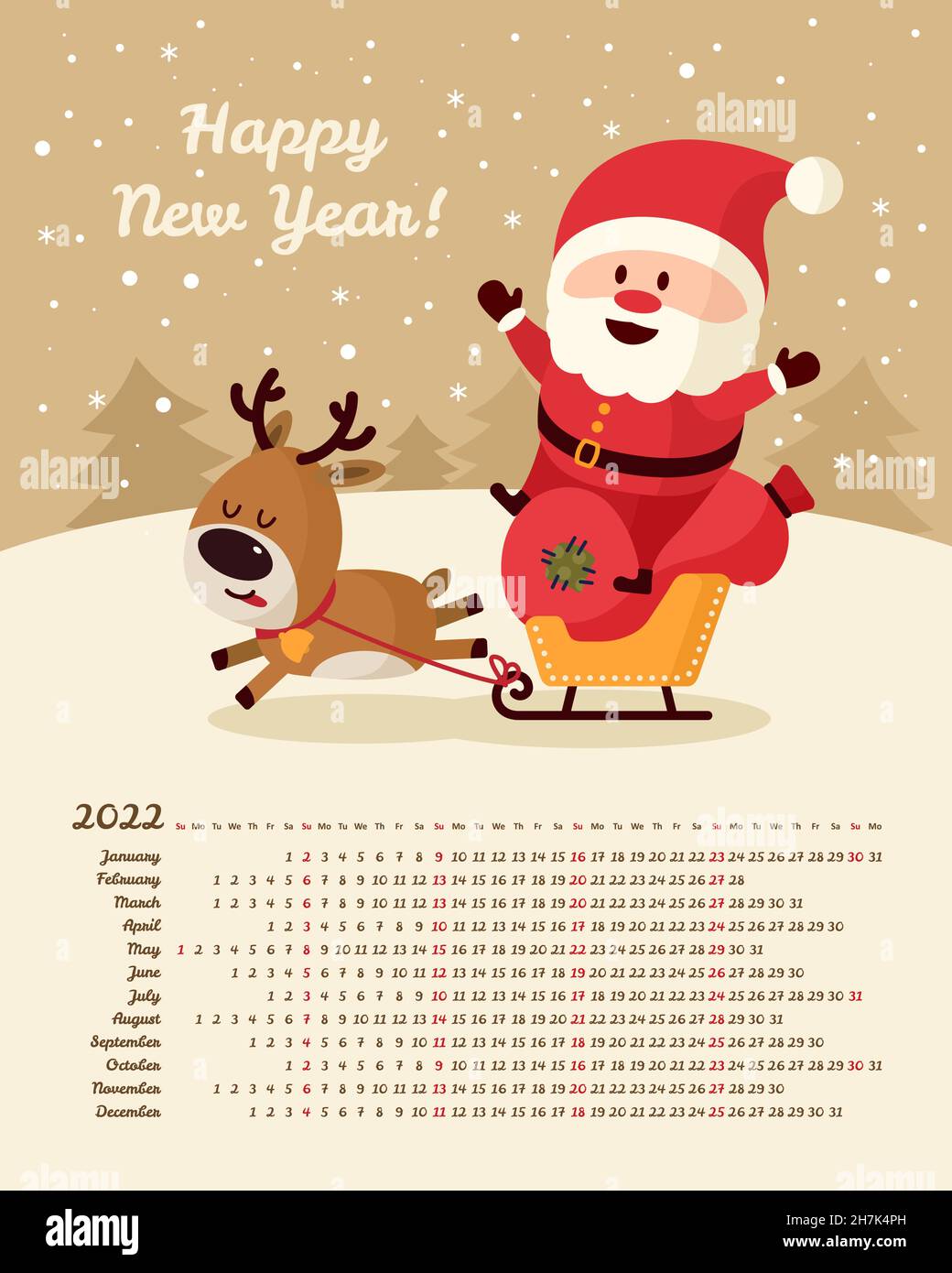 Merry Christmas With Santa 2022 Calendar 2022 Year. Santa Claus With Deer On Sleigh With Bag Of Gifts. Merry  Christmas And Happy New Year. Color Vector Template. Week Starts On Sunda  Stock Vector Image & Art - Alamy