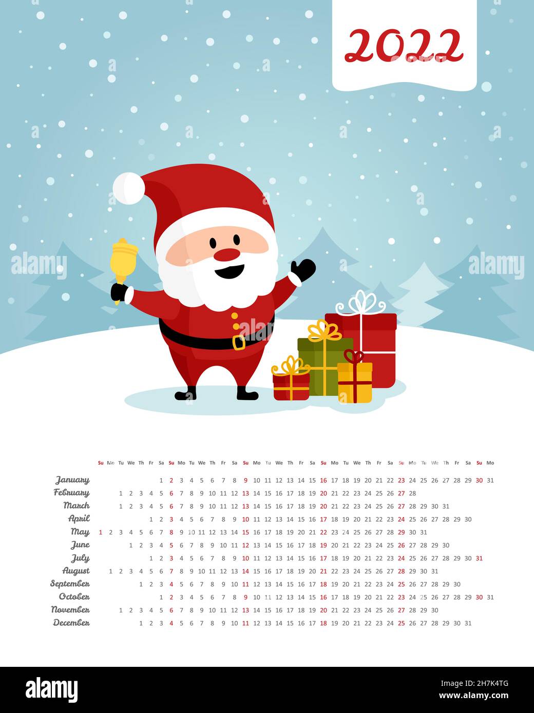 Calendar Christmas Winter December 2022 Calendar 2022 Year. Santa Claus With Bell And Gift Boxes. Merry Christmas  And Happy New Year. Color Vector Template. Week Starts On Sunday Stock  Vector Image & Art - Alamy