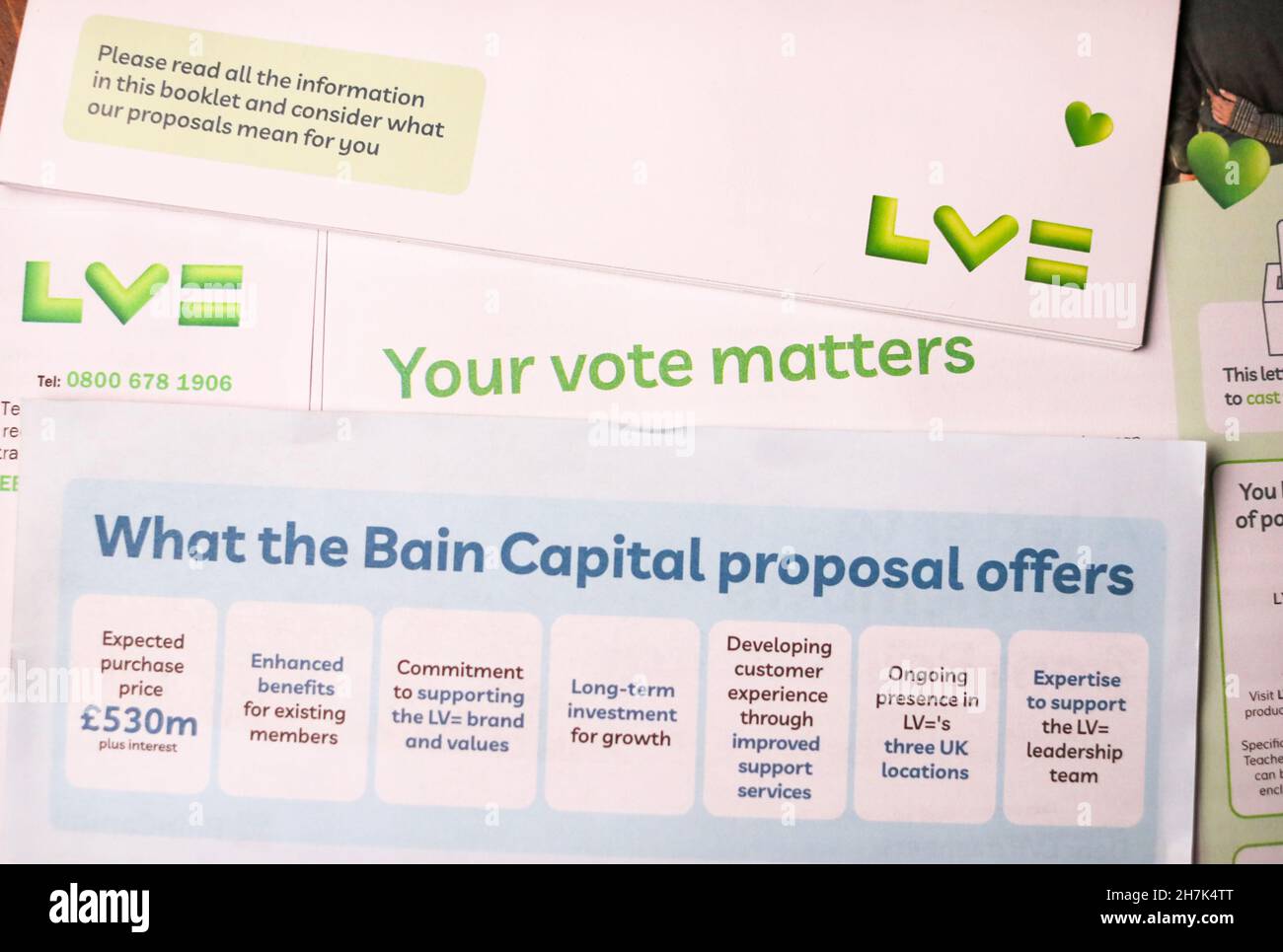 UK insurer LV=, known as Liverpool Victoria, letter to members for voting on proposed £530 million take over by US private equity group Bain Capital. Stock Photo