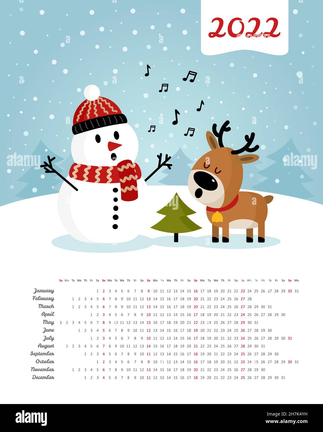 Calendar 2022 year. Snowman with deer singing song near Christmas tree.  Merry Christmas and Happy New Year. Color vector template. Week starts on  Sund Stock Vector Image & Art - Alamy