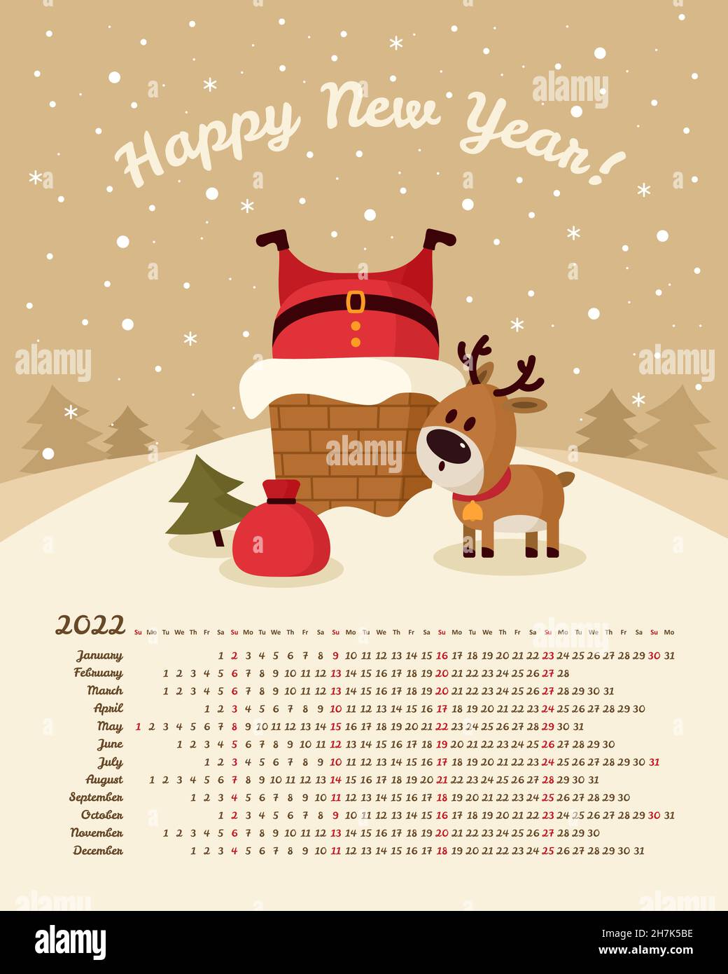 Christmas 2022 Day Of The Week Calendar 2022 Year. Santa Claus Stuck In Chimney. Deer, Bag Of Gifts And  Christmas Tree. Merry Christmas And Happy New Year. Week Starts On Sunday  Stock Vector Image & Art - Alamy