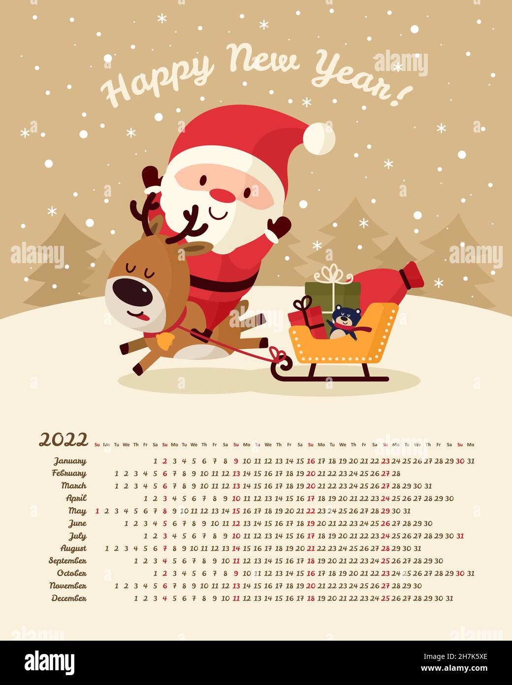 Christmas 2022 Day Of The Week Calendar 2022 Year. Santa Claus Jumps On Deer And Sledge. Sack With Gifts.  Merry Christmas And Happy New Year. Color Vector Template. Week Starts On S  Stock Vector Image & Art - Alamy