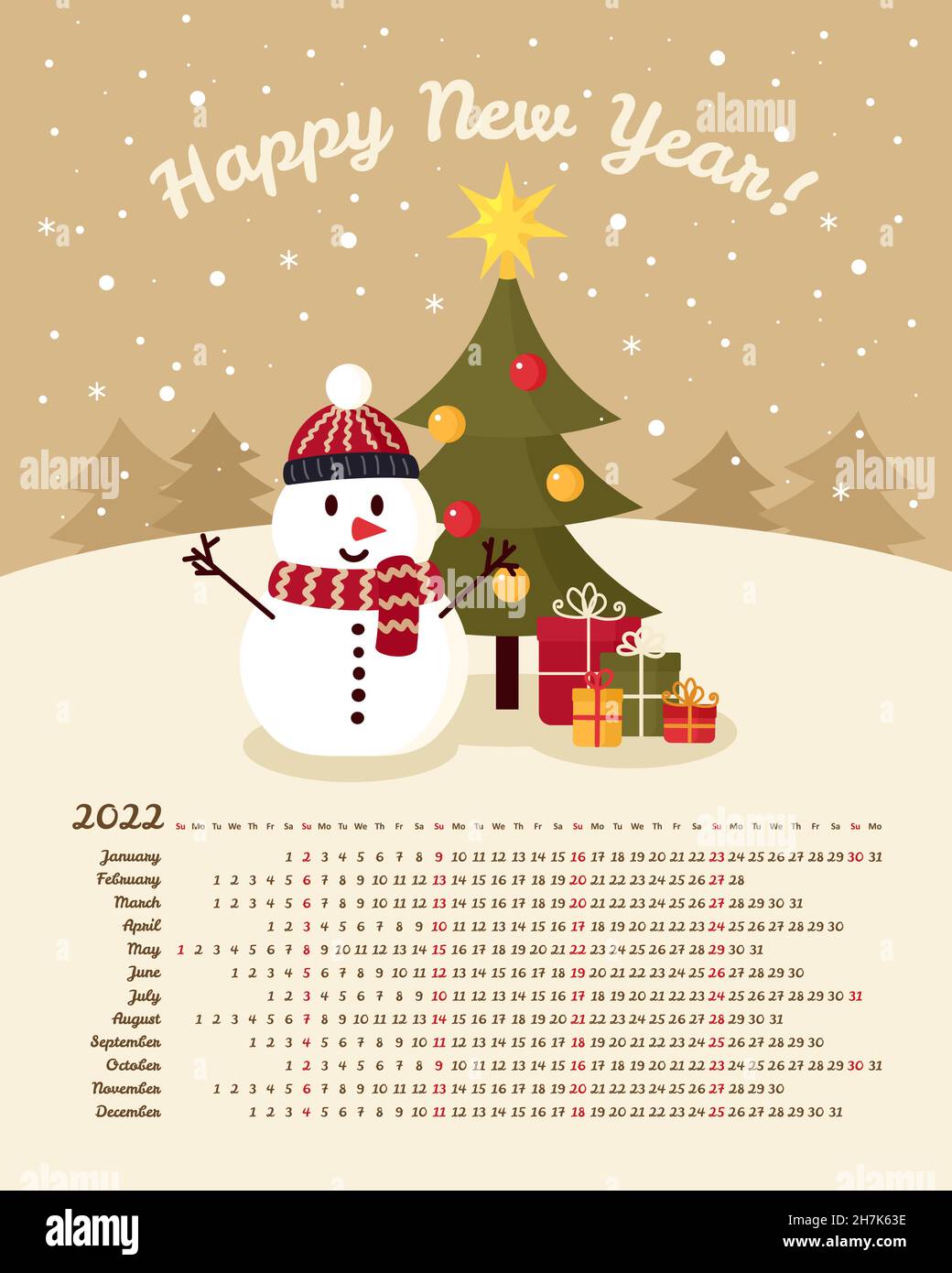 Christmas 2022 Day Of Week Calendar 2022 Year. Snowman Near Christmas Tree With Gifts. Merry Christmas And Happy New Year. Color Vector Template. Week Starts On Sunday Stock Vector Image & Art - Alamy