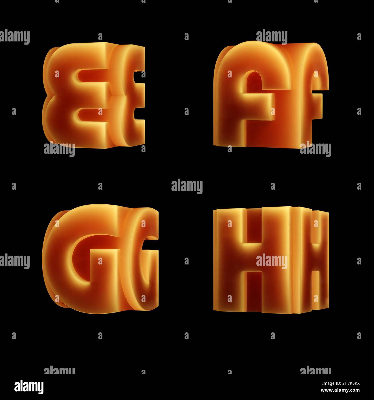 3D rendering of glowing double-font alphabet - letters E-H Stock Photo