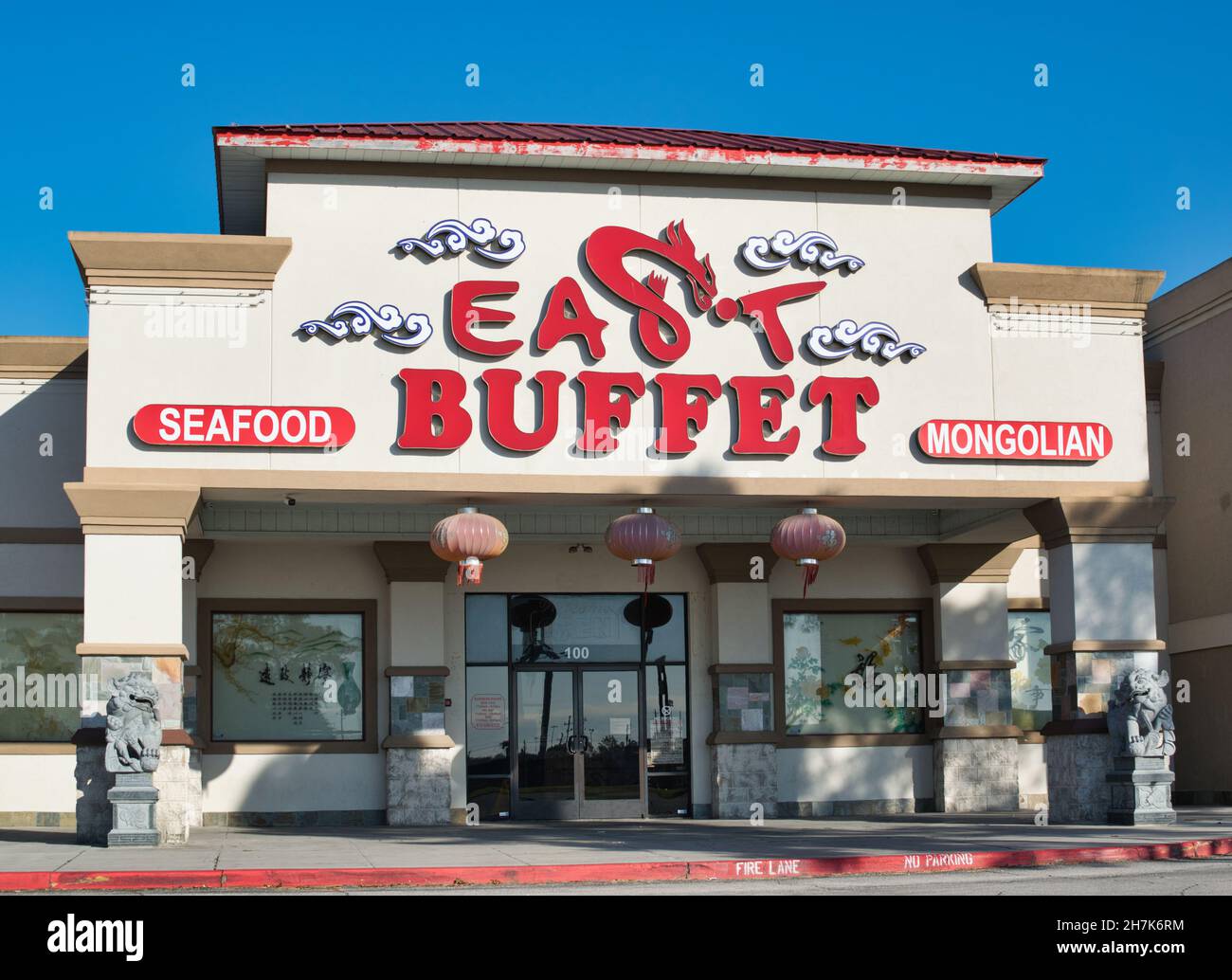 Houston, Texas USA 11-12-2021: East Buffet storefront main entrance in Houston TX. Chinese food and Mongolian grill restaurant. Stock Photo