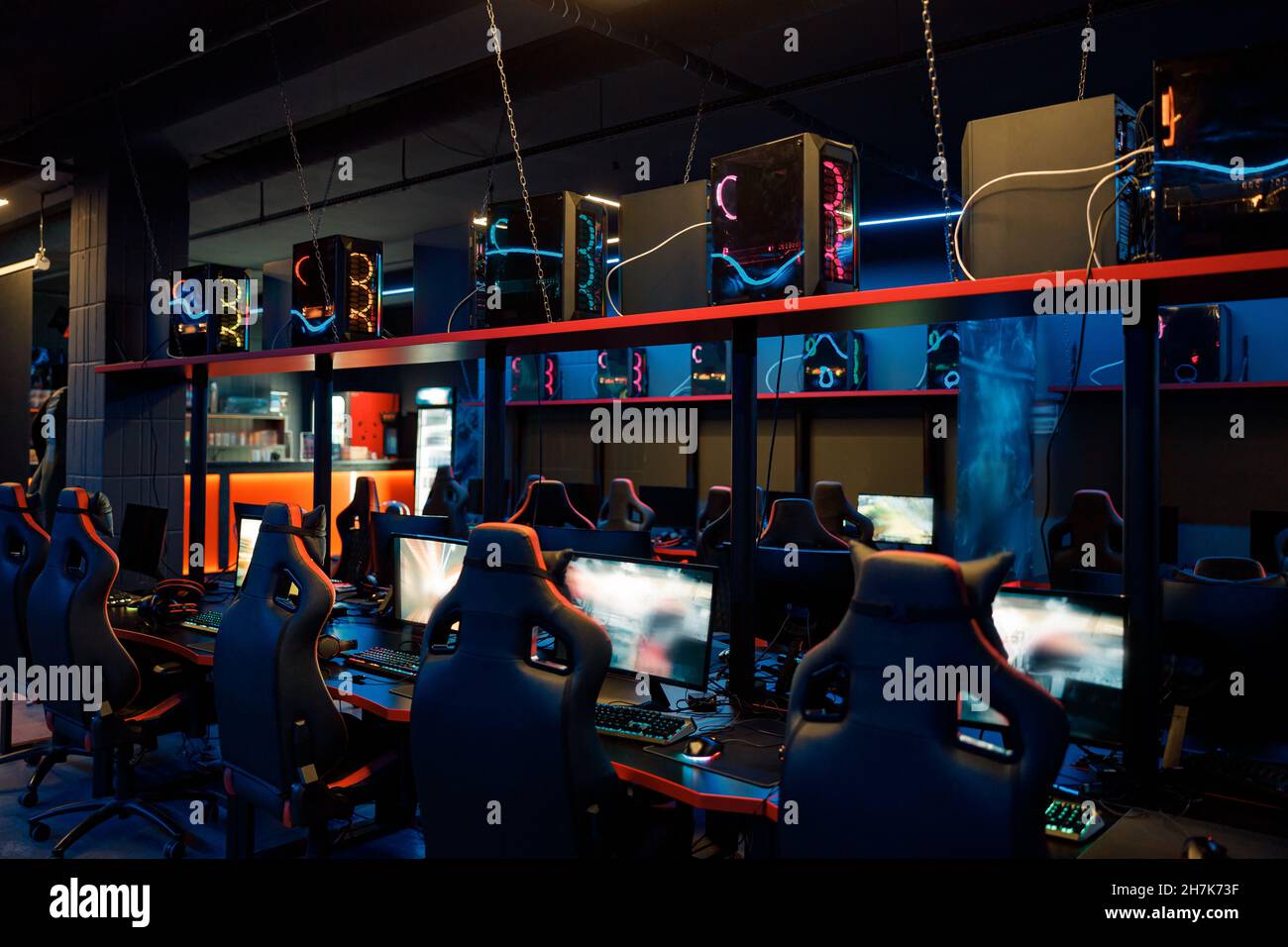 View on gaming equipment in interior of cyber club Stock Photo