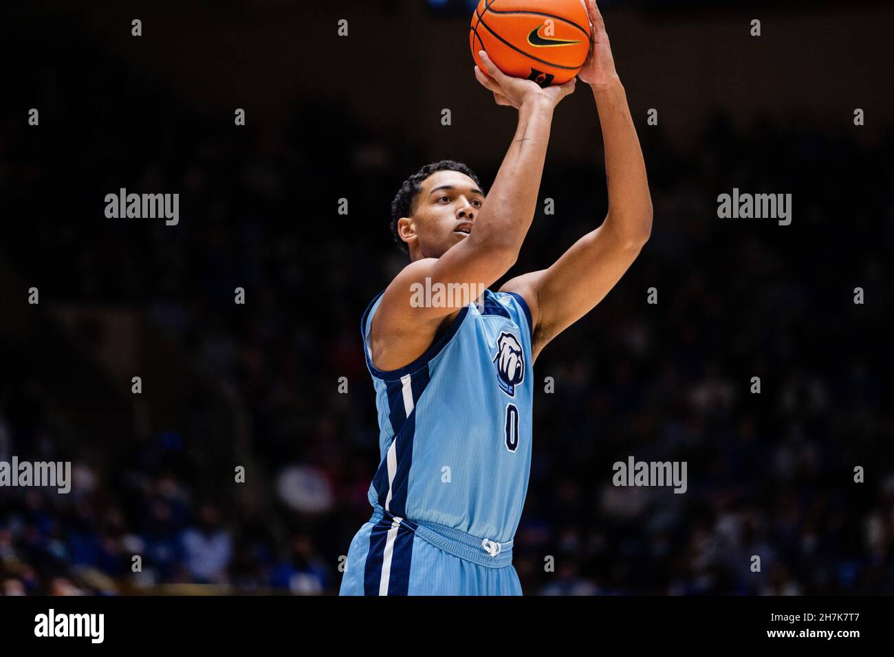 Durham, NC, USA. 22nd Nov, 2021. Citadel Bulldogs forward Jackson Price (0) shoots a three pointer against the Duke Blue Devils during the first half of the NCAA basketball matchup at Cameron Indoor in Durham, NC. (Scott Kinser/Cal Sport Media). Credit: csm/Alamy Live News Stock Photo