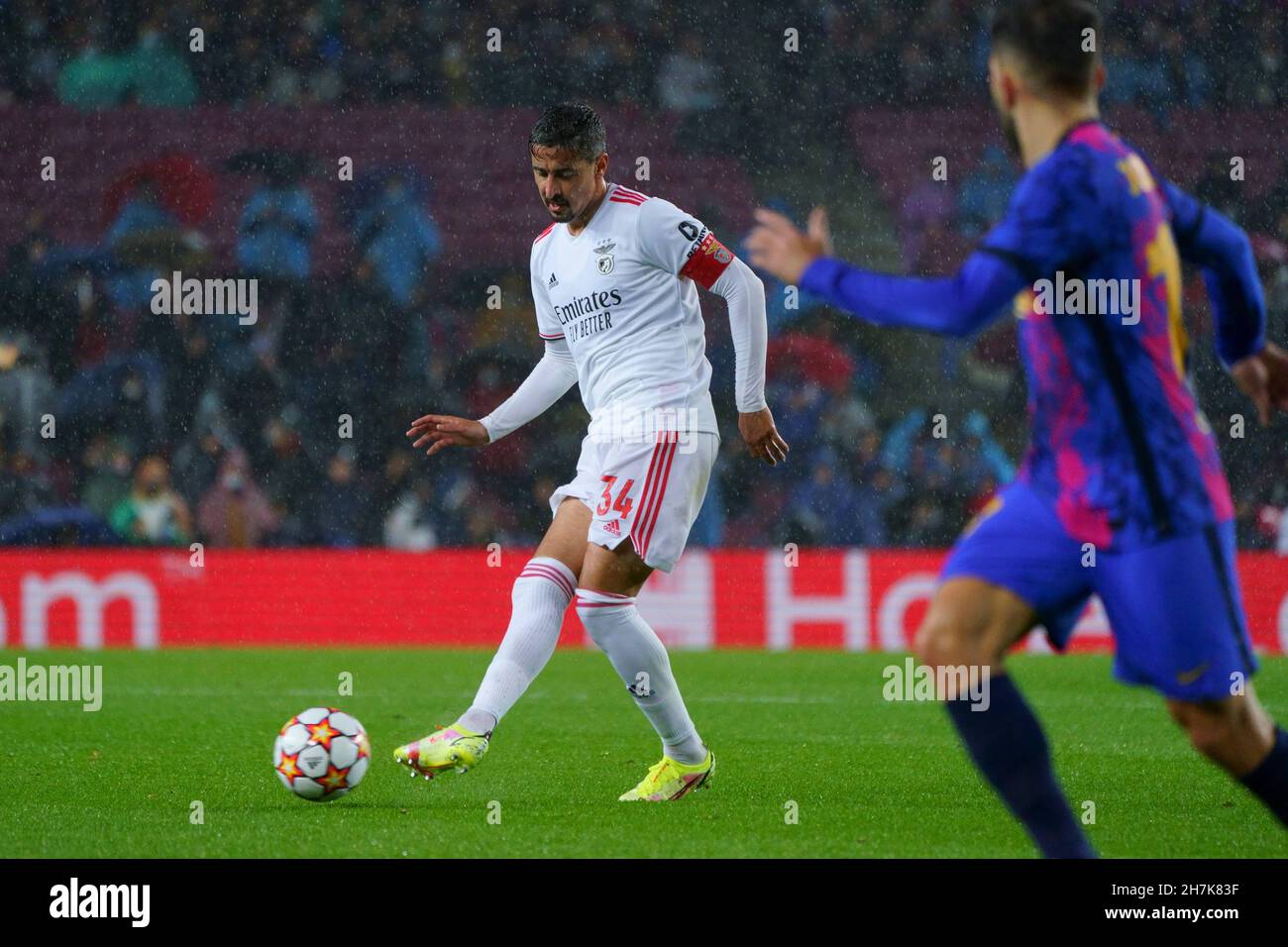 Barcelona, Spain. 23rd November 2021; Nou Camp, Barcelona, Spain: Champions League football, FC Barcelona versus Benfica: Andre Almeida takes a shot at goal Credit: Action Plus Sports Images/Alamy Live News Stock Photo