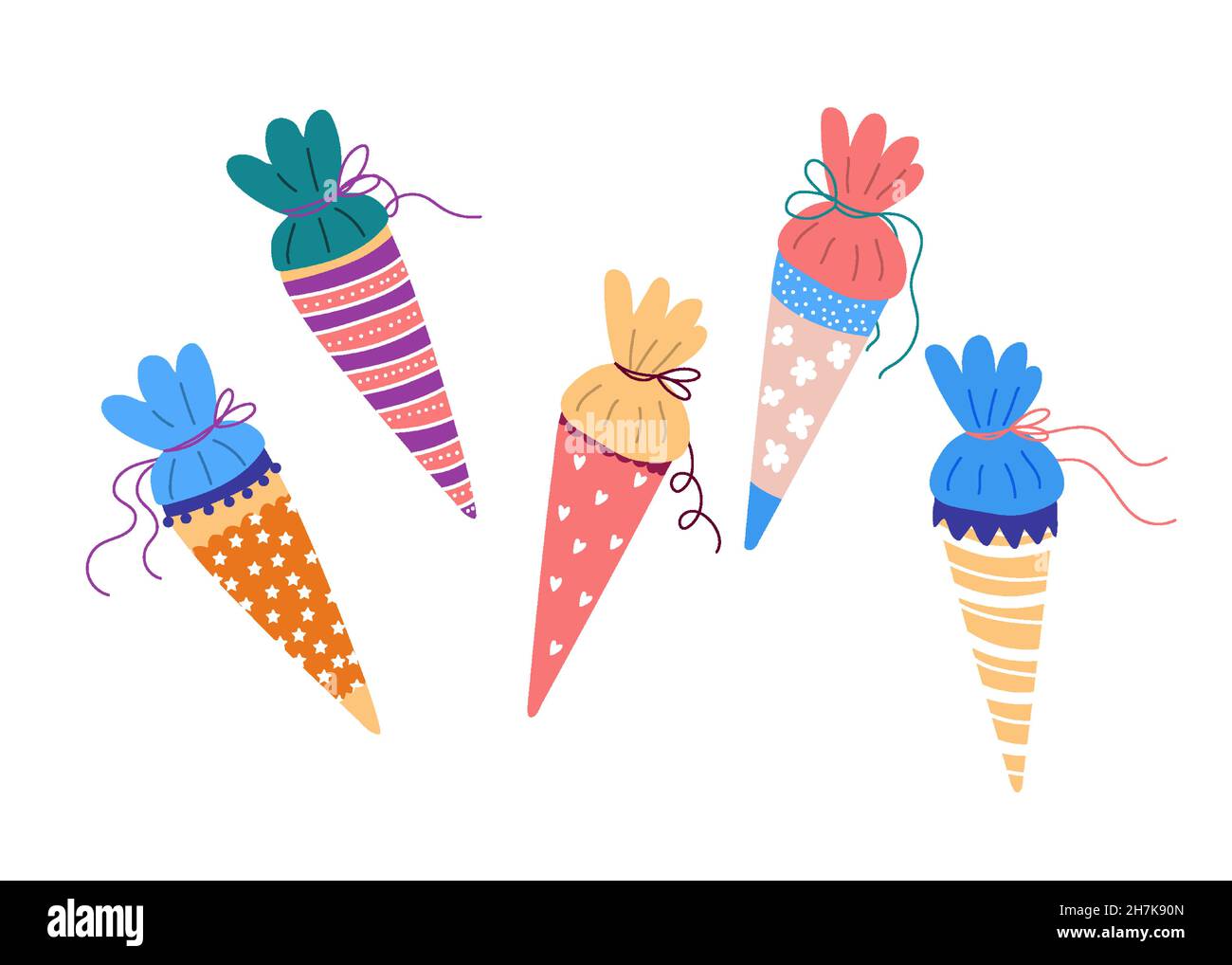 Set of colourful school cones, cornets for the first day of school, german tradition for children going to first grade.Vector flat illustration isolat Stock Vector