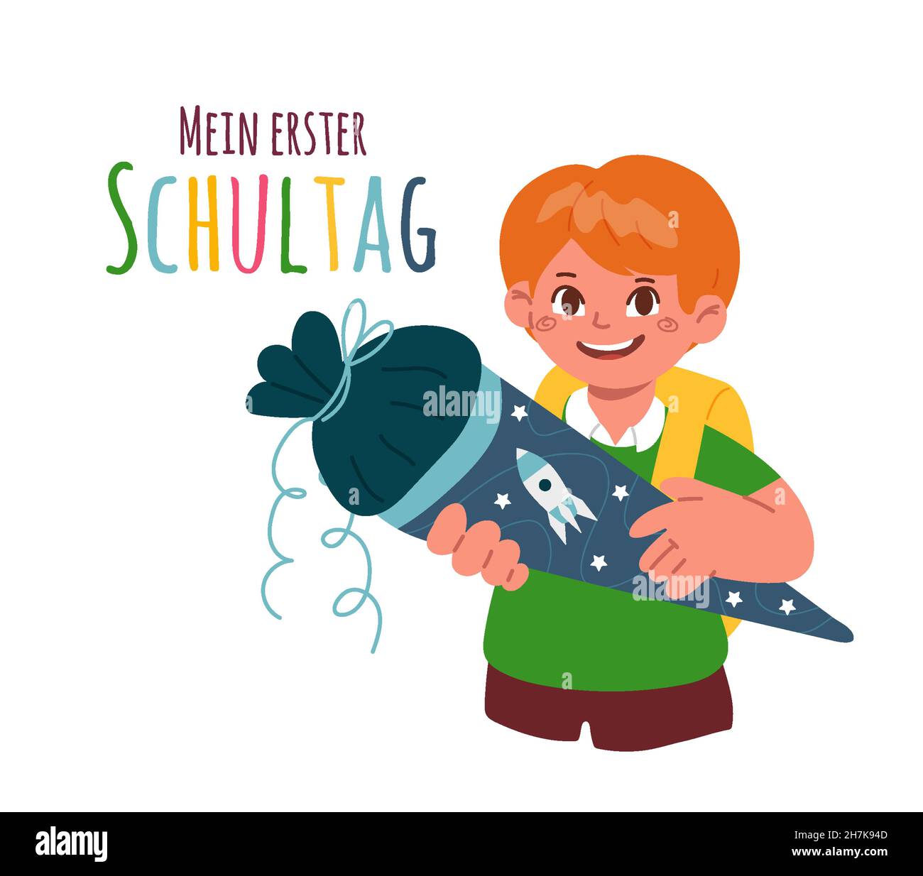 A happy firstgrader boy holding a school cone,schultuete.Text in