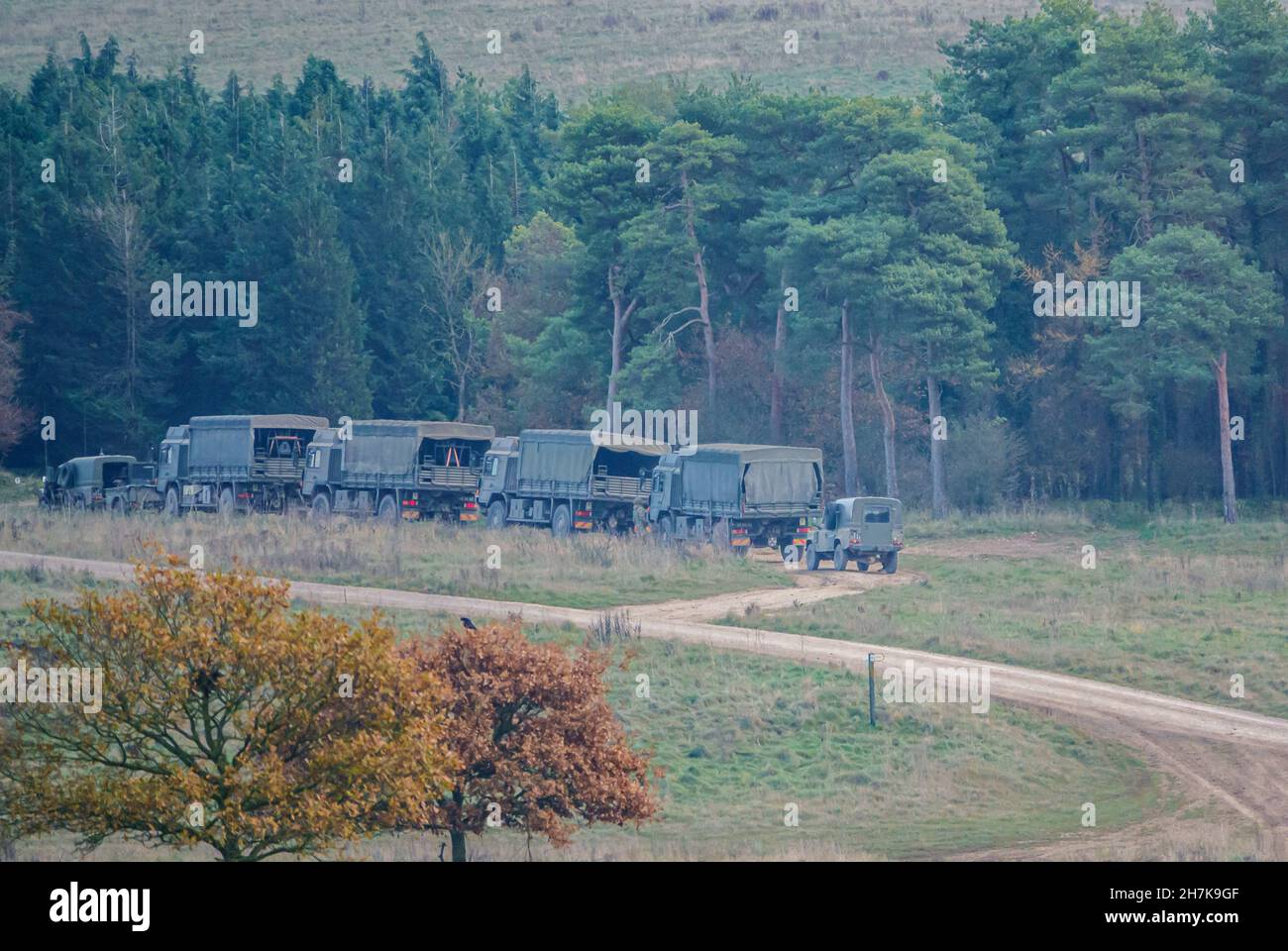 British army utility support vehicle in action on a military exercise, Wiltshire UK Stock Photo