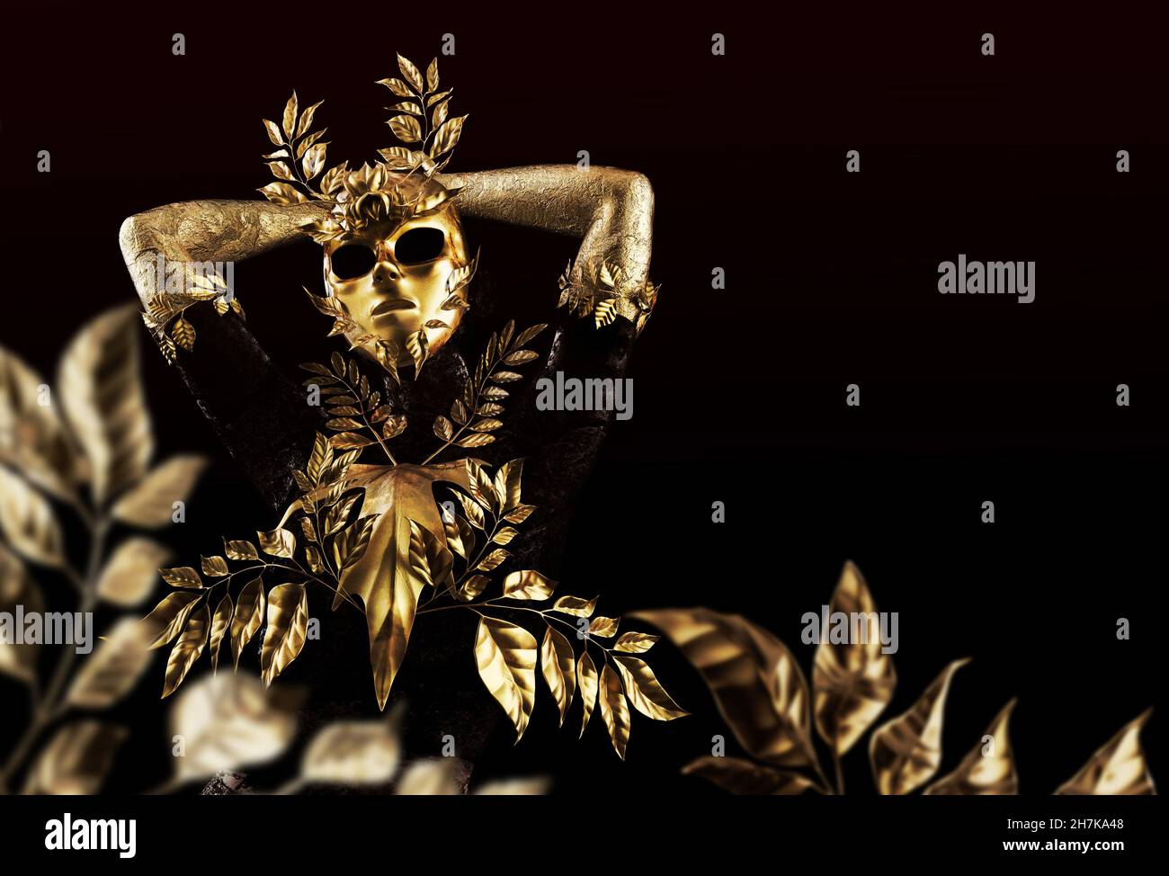 3d render illustration of female nature nymph goddess statue in golden mask and leaf outfit on dark background, carnival concept. Stock Photo