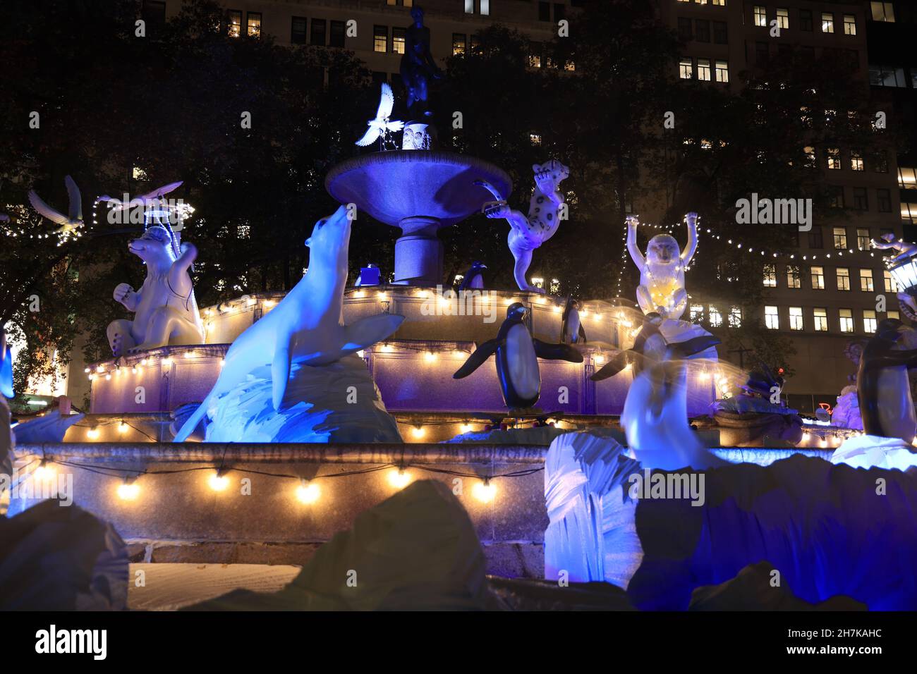 New York, N.Y/USA – 21st Nov. 2021: The Pulitzer Fountain has transformed into a winter