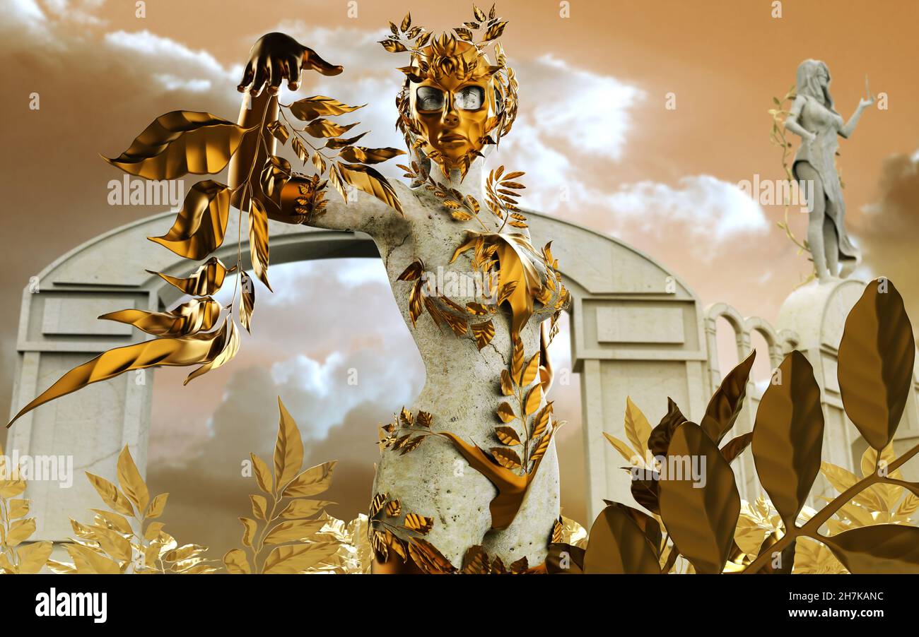 3d render illustration of fantasy nature nymph goddess with golden mask