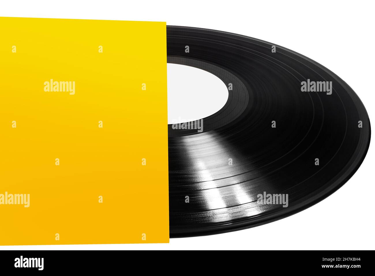 Photo of black vinyl plate with yellow cover laying on white background