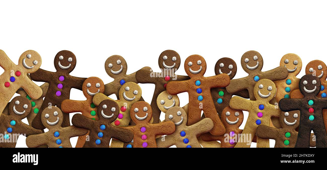 Gingerbread man cookie group during the holiday season as sweet baking treats as funny character holiday cookies as a 3D render in a horizontal. Stock Photo