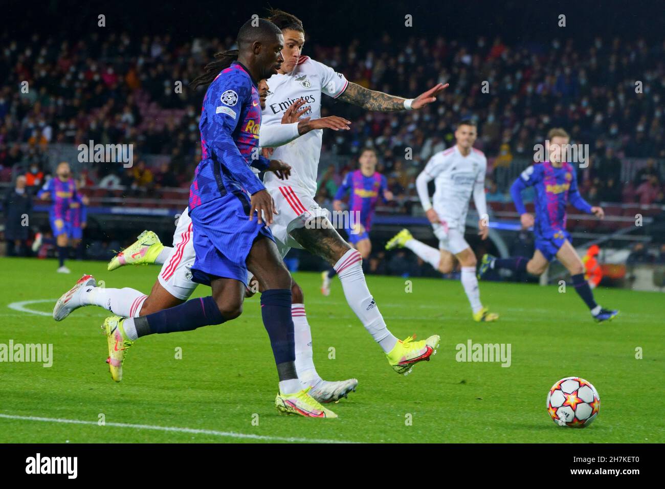 Barcelona, Spain. 23rd November 2021;  Nou Camp, Barcelona, Spain: Champions League football, FC Barcelona versus Benfica: Dembele crosses into the box Credit: Action Plus Sports Images/Alamy Live News Stock Photo