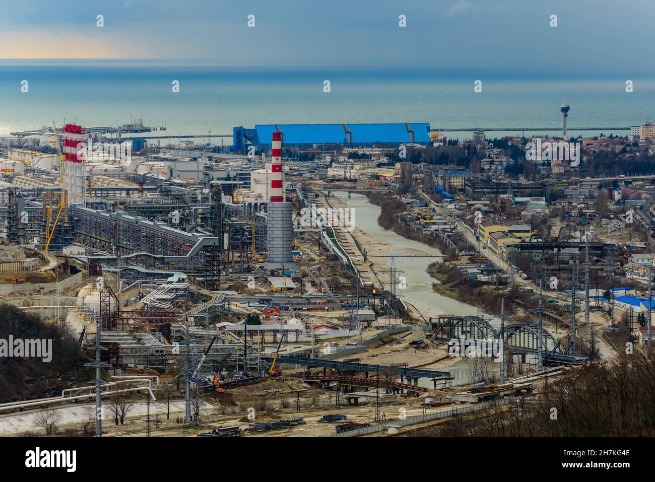 Russia, Tuapse, oil refinery and seaport, top view. Stock Photo