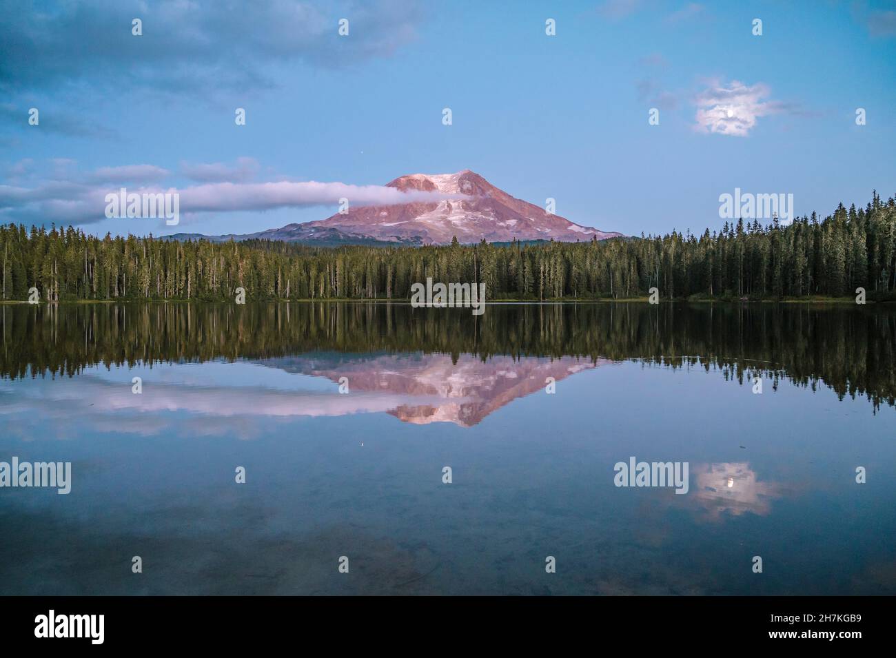 Mount Adams reflecting in a lake at night Stock Photo
