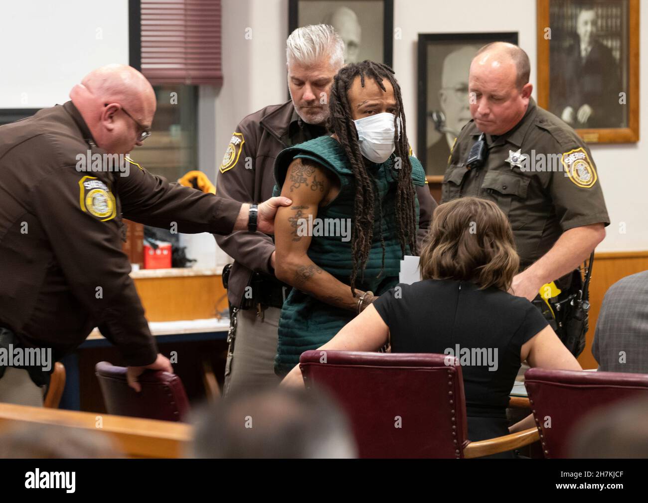 Darrell Brooks, charged with killing five people and injuring nearly 50 after plowing through a Christmas parade with his sport utility vehicle on November 21, appears in Waukesha County Court in Waukesha, Wisconsin, U.S.  November 23, 2021. Mark Hoffman/Pool via REUTERS Stock Photo