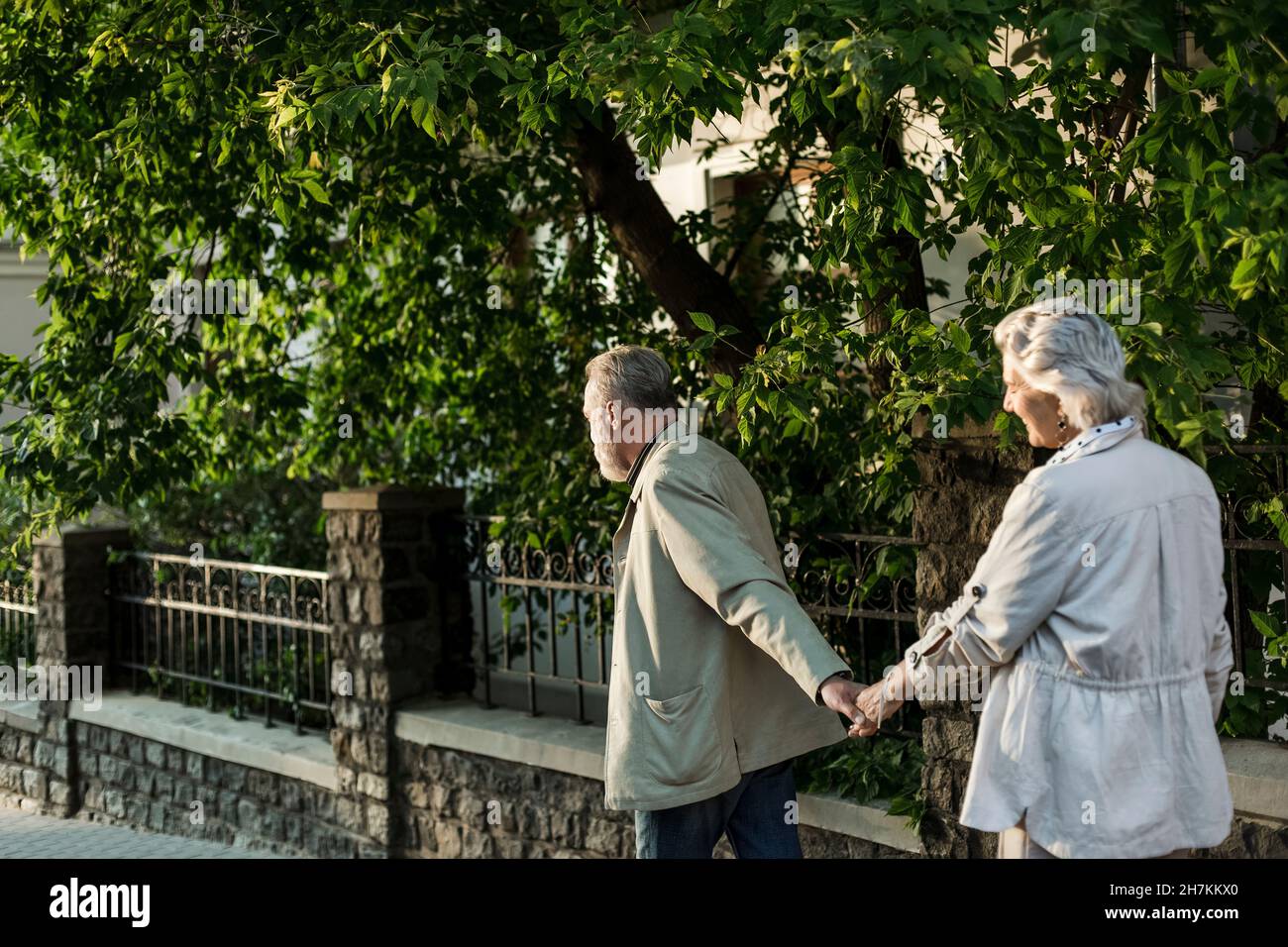 Couple holding hands while walking by tree Stock Photo