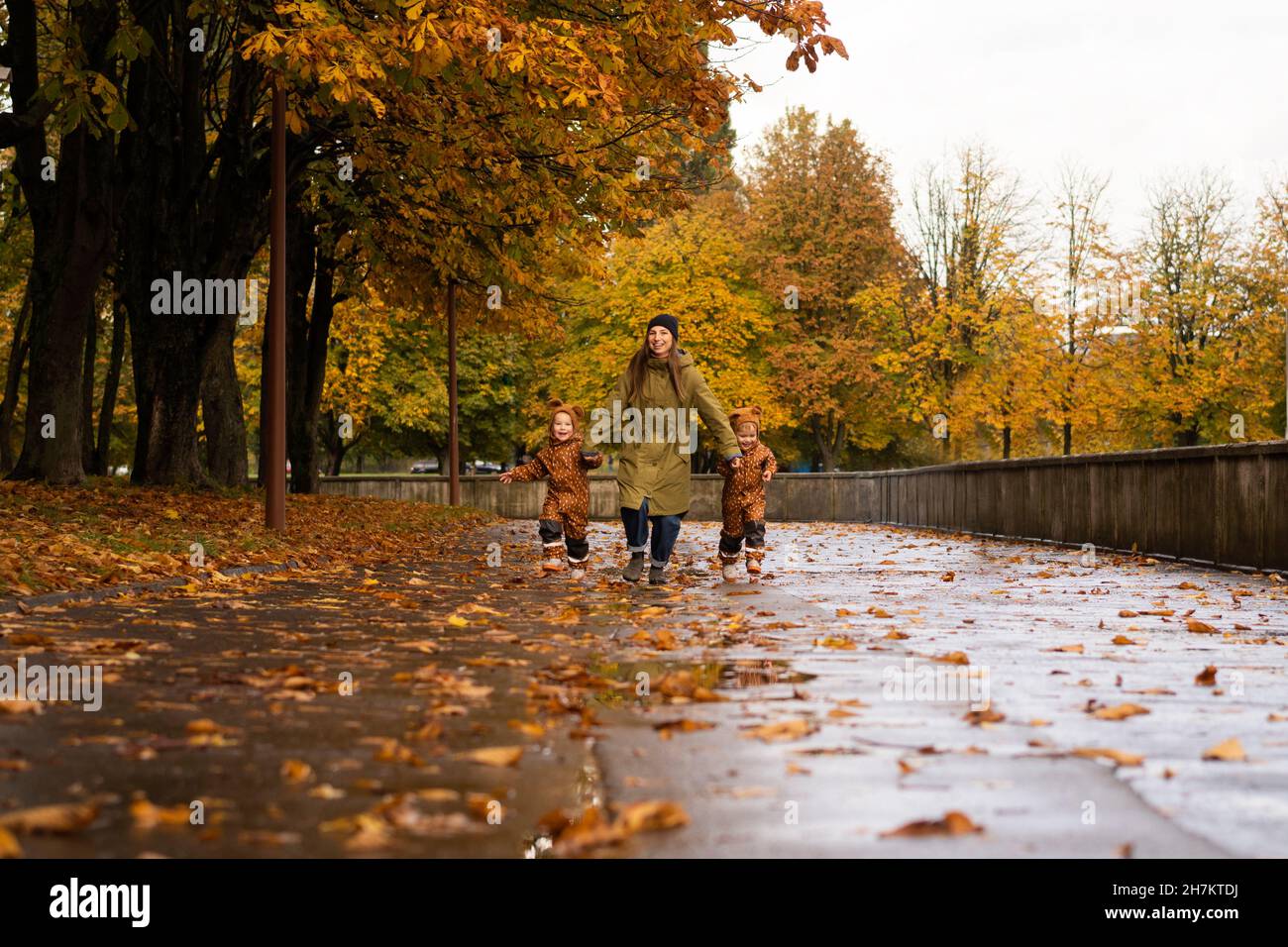 Mother holding hands of twin siblings in autumn park Stock Photo - Alamy
