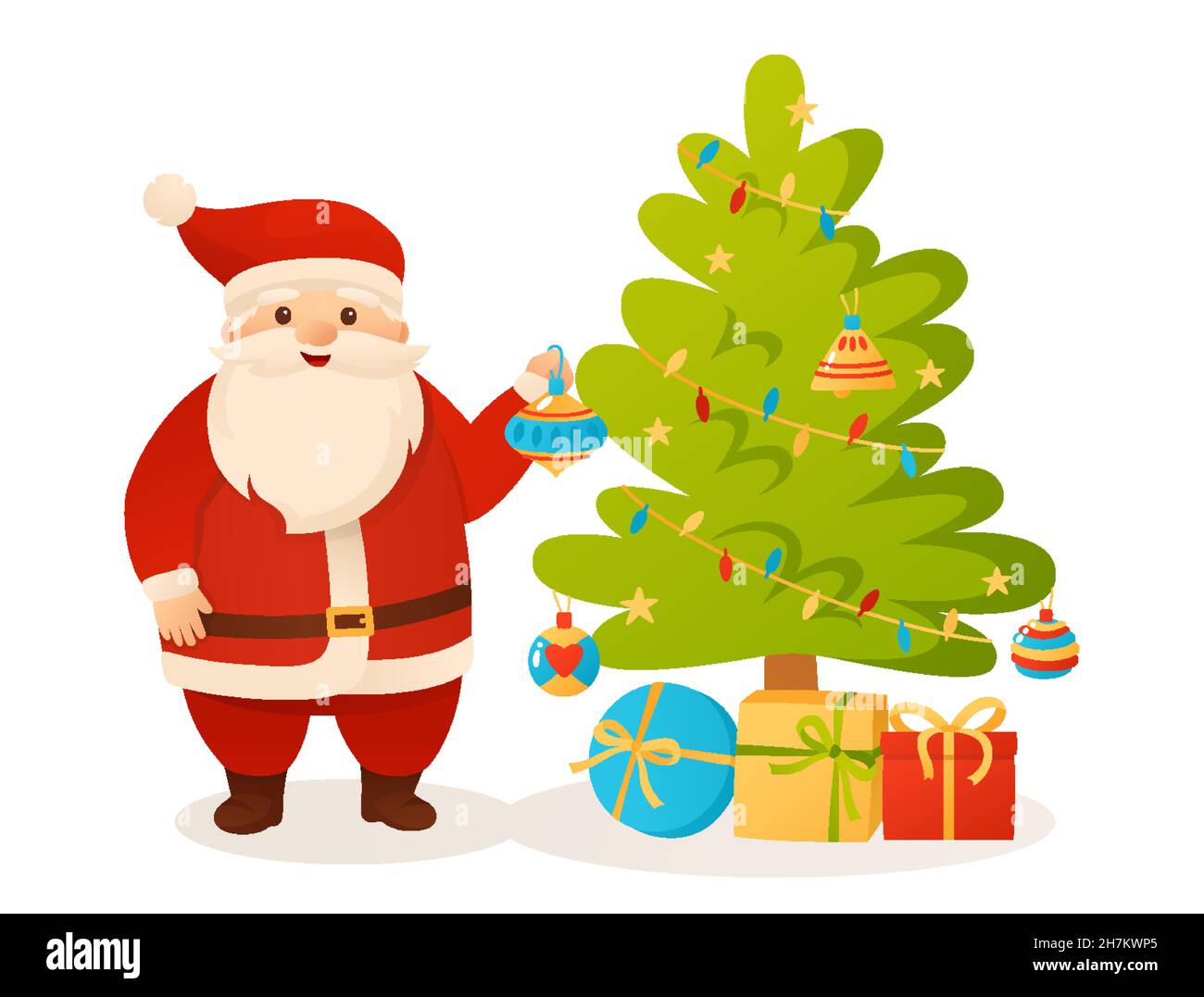 Santa Claus holding gift box and tree tree decoration, cartoon Christmas  greeting card. Funny xmas character and present surprise and tree toy. New  Year congratulation for postcard, advertisement Stock Vector Image &