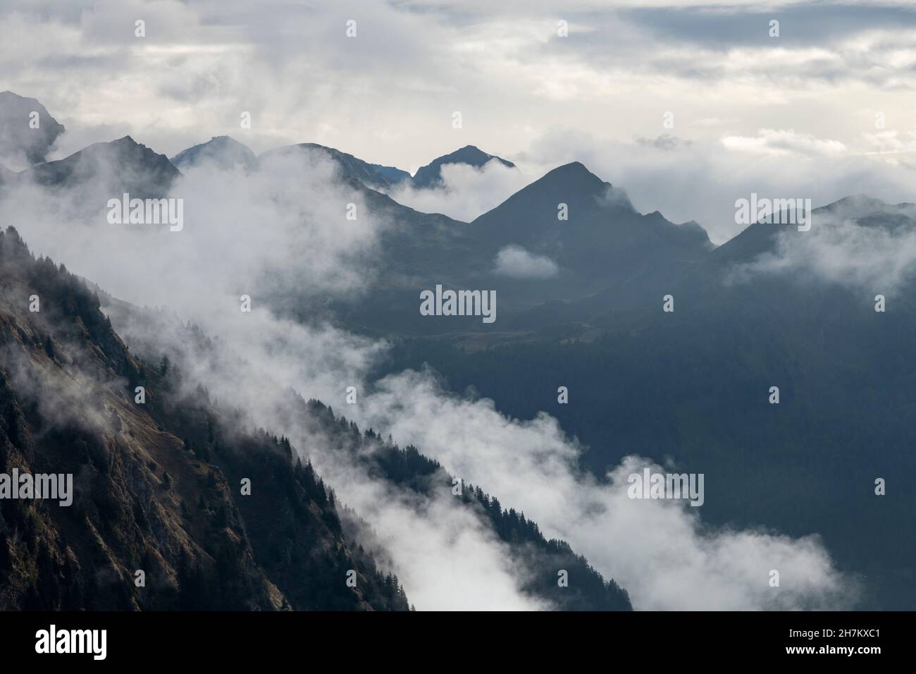 Low clouds floating over Gotthard Pass Stock Photo